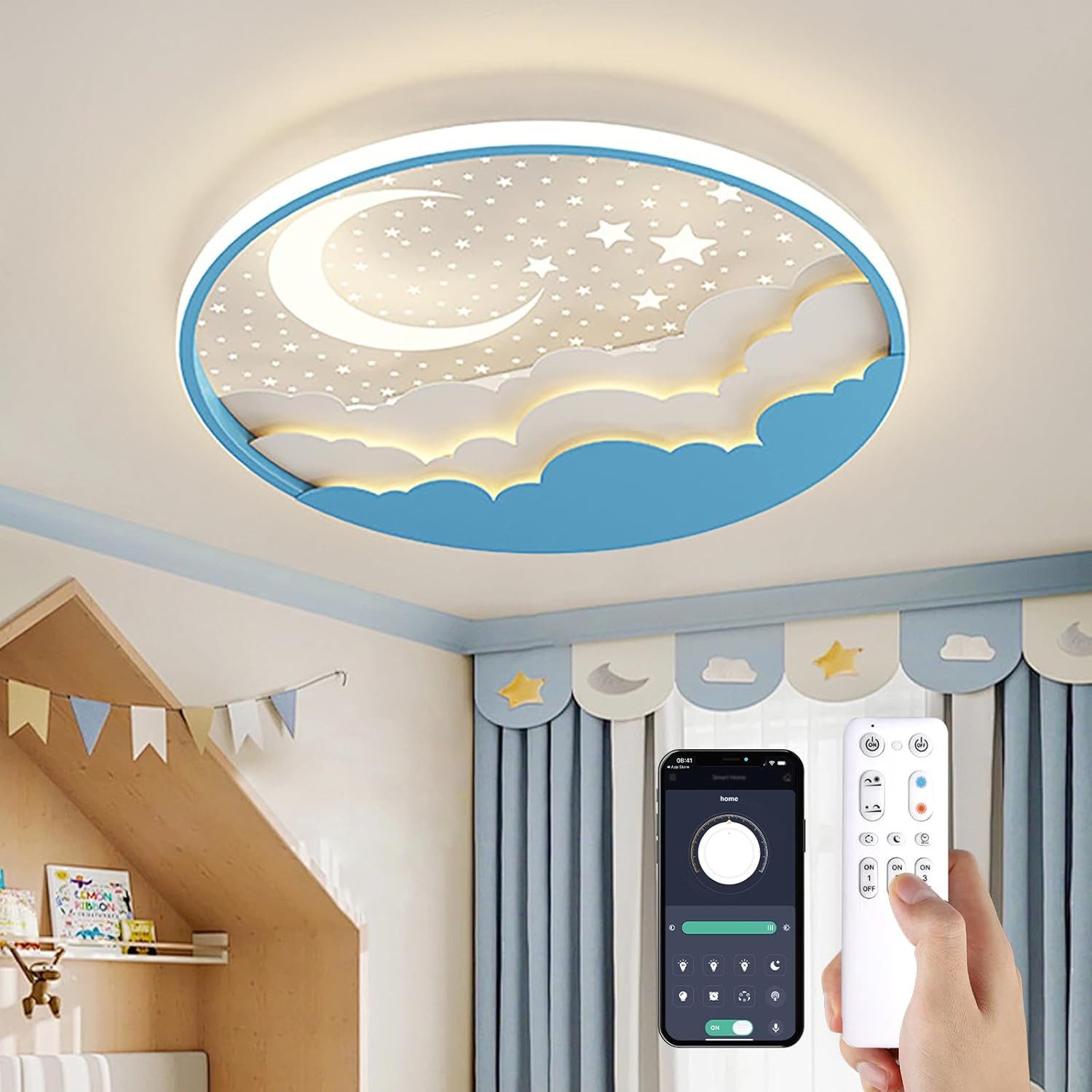 RRBEST Deckenleuchte LED Kinder Deckenlampe, Stern Mond Deckenleuchte Mit Fernbedienung, Warm, Natural, Kalt, Kinderzimmer Dimmbar Deckenleuchten, Schlafzimmer Lampe