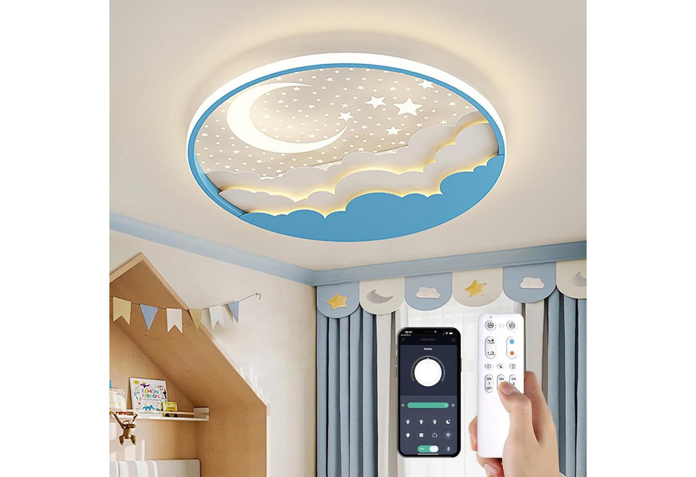 RRBEST Deckenleuchte LED Kinder Deckenlampe, Stern Mond Deckenleuchte Mit Fernbedienung, Warm, Natural, Kalt, Kinderzimmer Dimmbar Deckenleuchten, Schlafzimmer Lampe