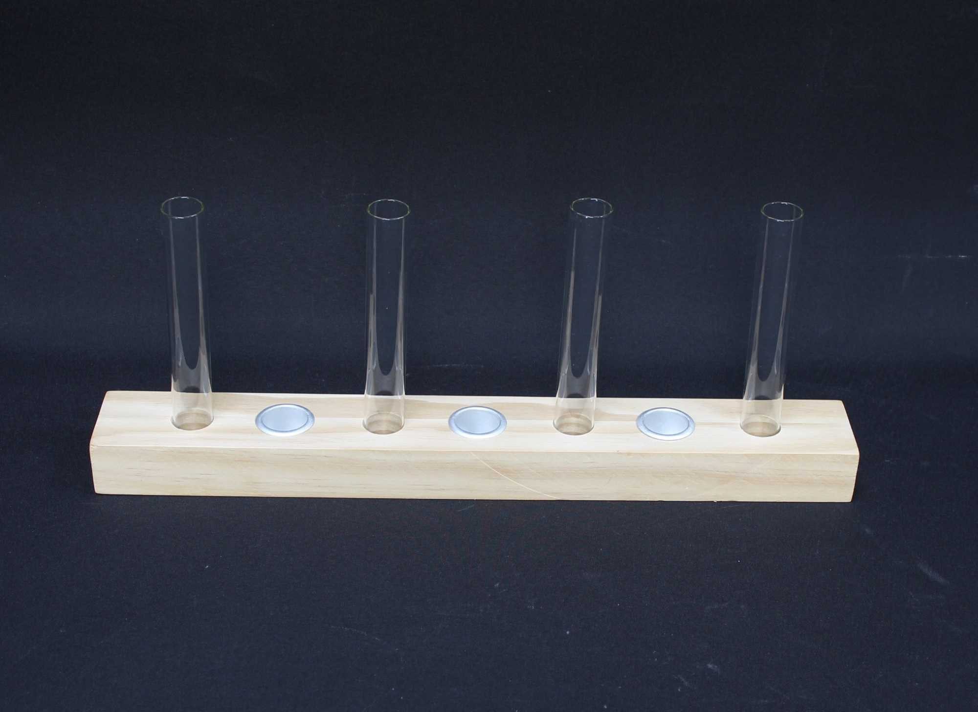 Dekoleidenschaft Dekovase Holz Dekoboard "Minimal" 4 Glasvasen & 3 Kerzenhalter Reagenzglas Vase, Kerzenständer, Lichterboard mit Blumenvase, Tischdeko