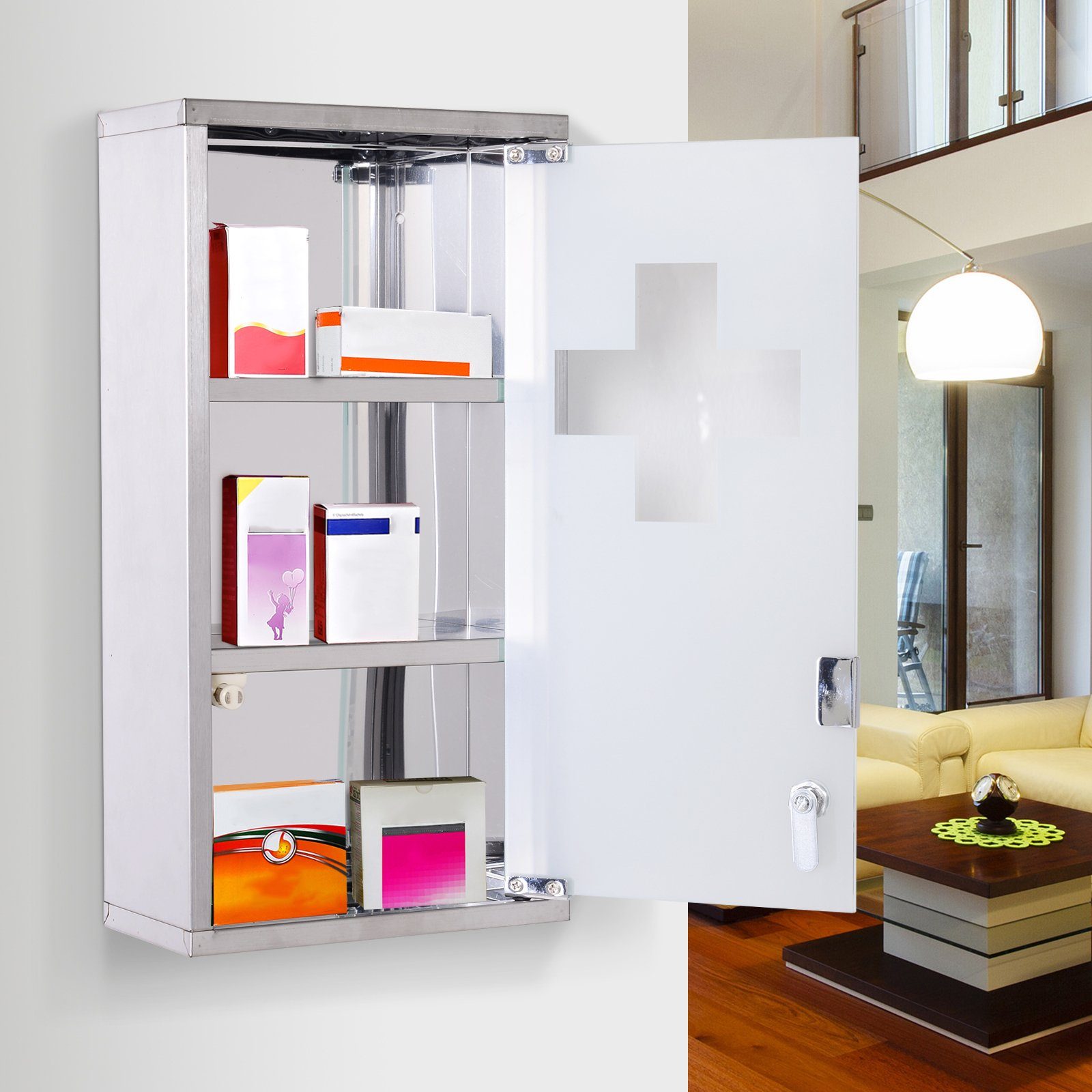 HOMCOM Medizinschrank Medikamentenschrank mit 3 Fächer – Bild 4 von 5