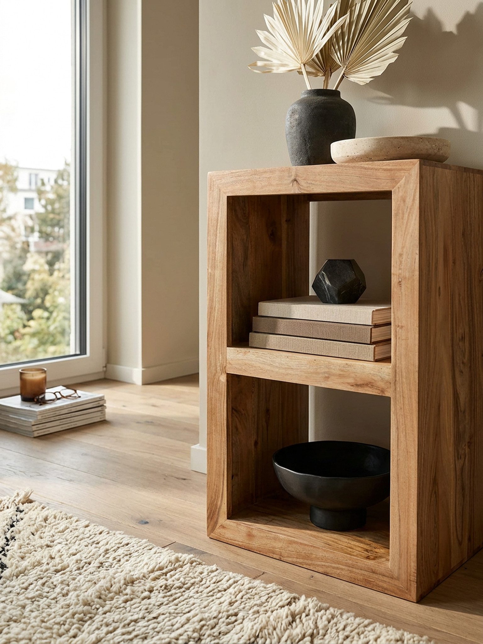KADIMA DESIGN Standregal Standregal MUMBAI Massivholz Akazie 88 cm hoch 2 Böden Design, Holz-Regal Naturprodukt Beistelltisch Landhaus-Stil