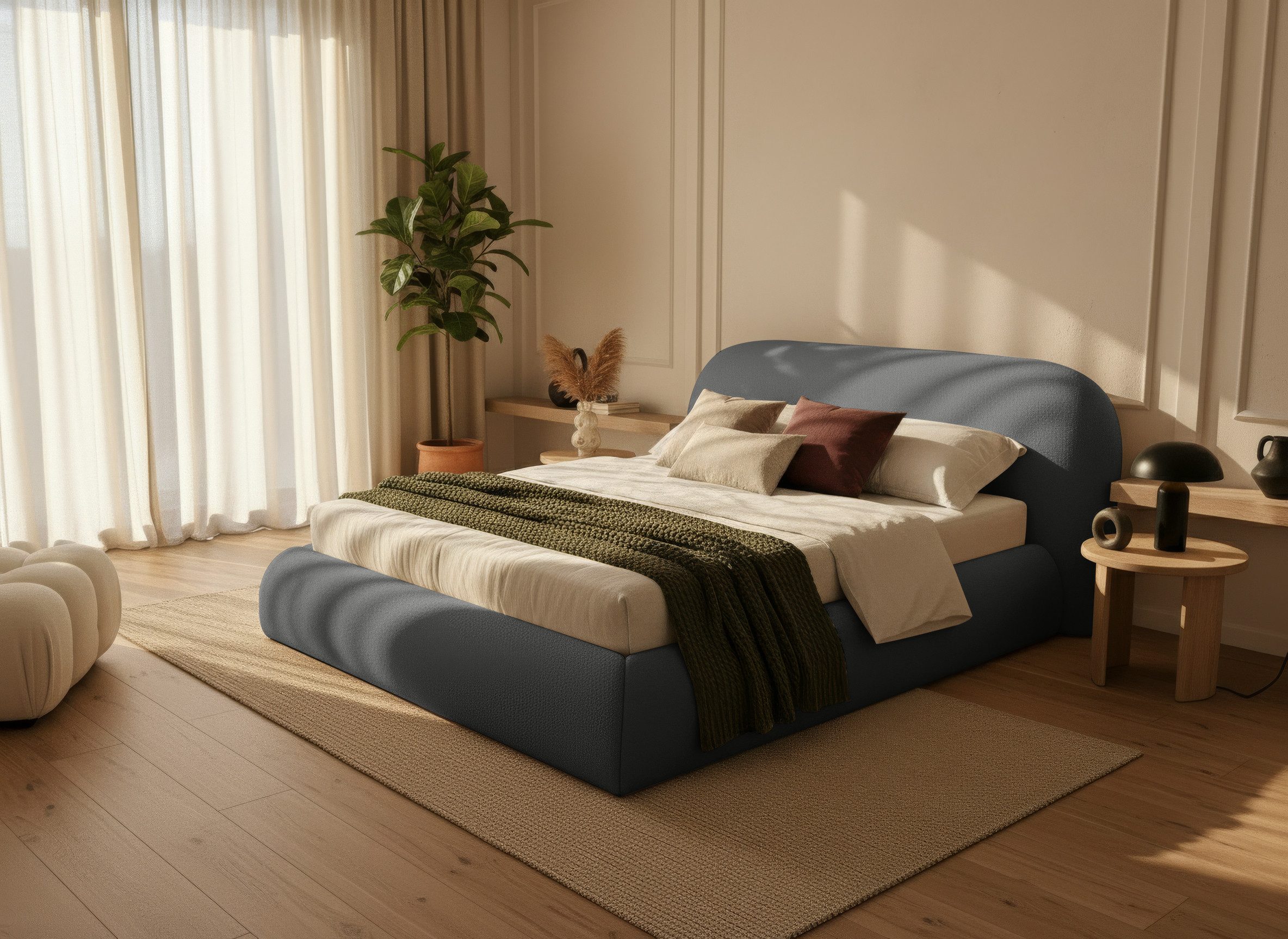 thematys Polsterbett mit Bettkasten, CLOUD 140x200 160x200 180x200 200x200cm (Kopfteil im Oversize-Look und Stauraum – weich, modern und pflegeleicht), Inklusive Lattenrost), hochwertiger Davis-Stoff in Grafit, Grau, Weiß, Beige und Kreme