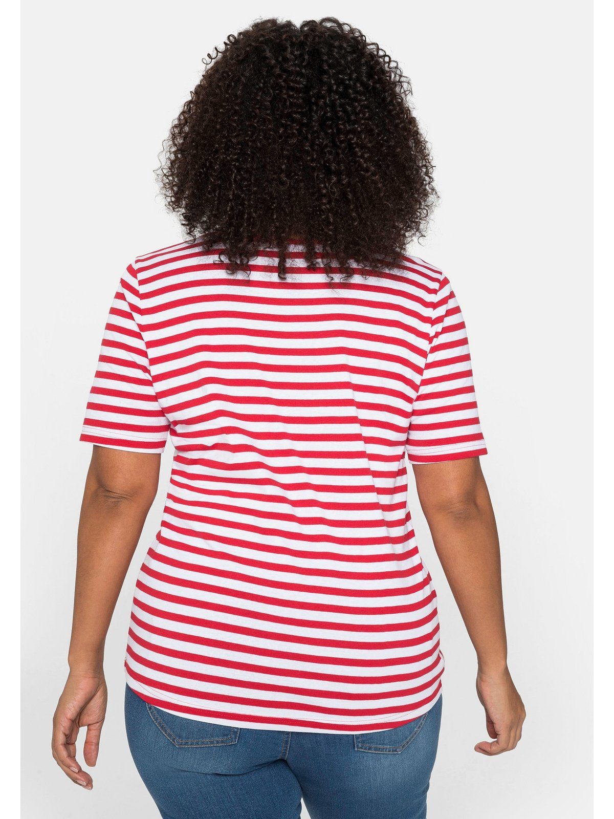 Sheego T-Shirt Große Größen mit Rippware aus garngefärbtem mohnrot-weiß Ringel