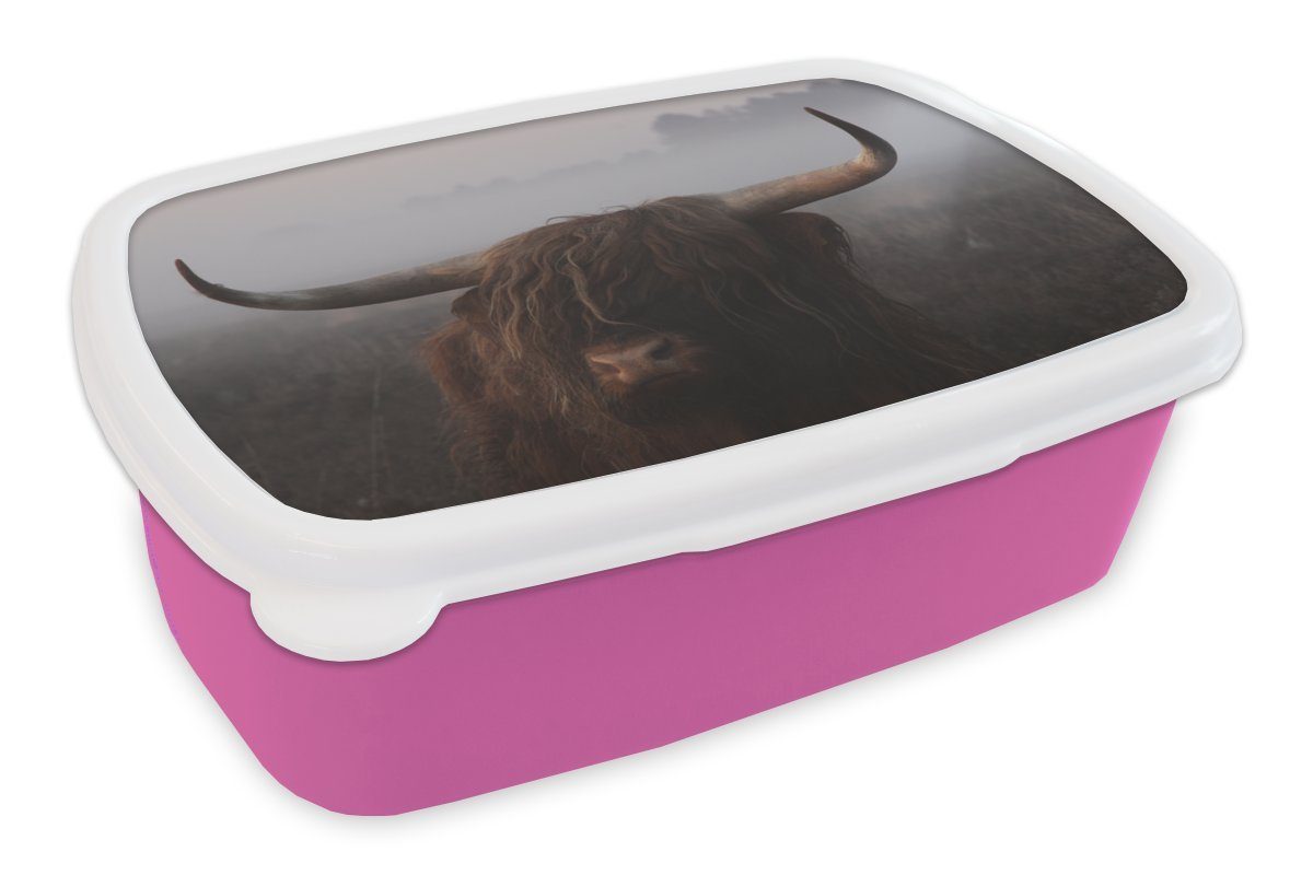 MuchoWow Lunchbox Schottischer Highlander - Nebel - Heidekraut, Kunststoff, (2-tlg), Brotbox für Erwachsene, Brotdose Kinder, Snackbox, Mädchen, Kunststoff rosa | Lunchboxen