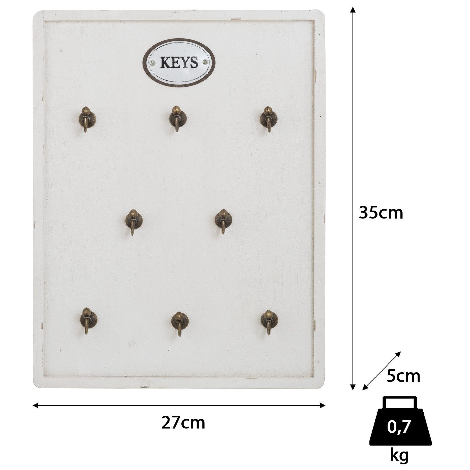 Moritz Schlüsselbrett 27x36cm Keys 8 Haken mit Rahmen weiß, Schlüsselkasten Vintage Schlüsselbox Schlüsselleiste Schlüsselhaken