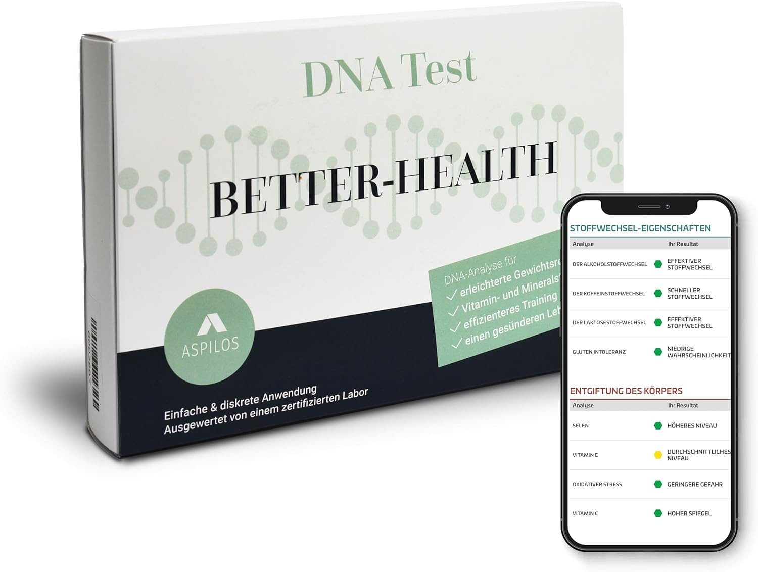 ASPILOS CRP-Schnelltest BETTER HEALTH DNA Gesundheitstest für Zuhause mit Speichelprobe, zuverlässig & diskret, DNA Speicheltest, Laboranalyse, 1-tlg., DNA Test, Genetik Analyse, Professionelle Laborauswertung