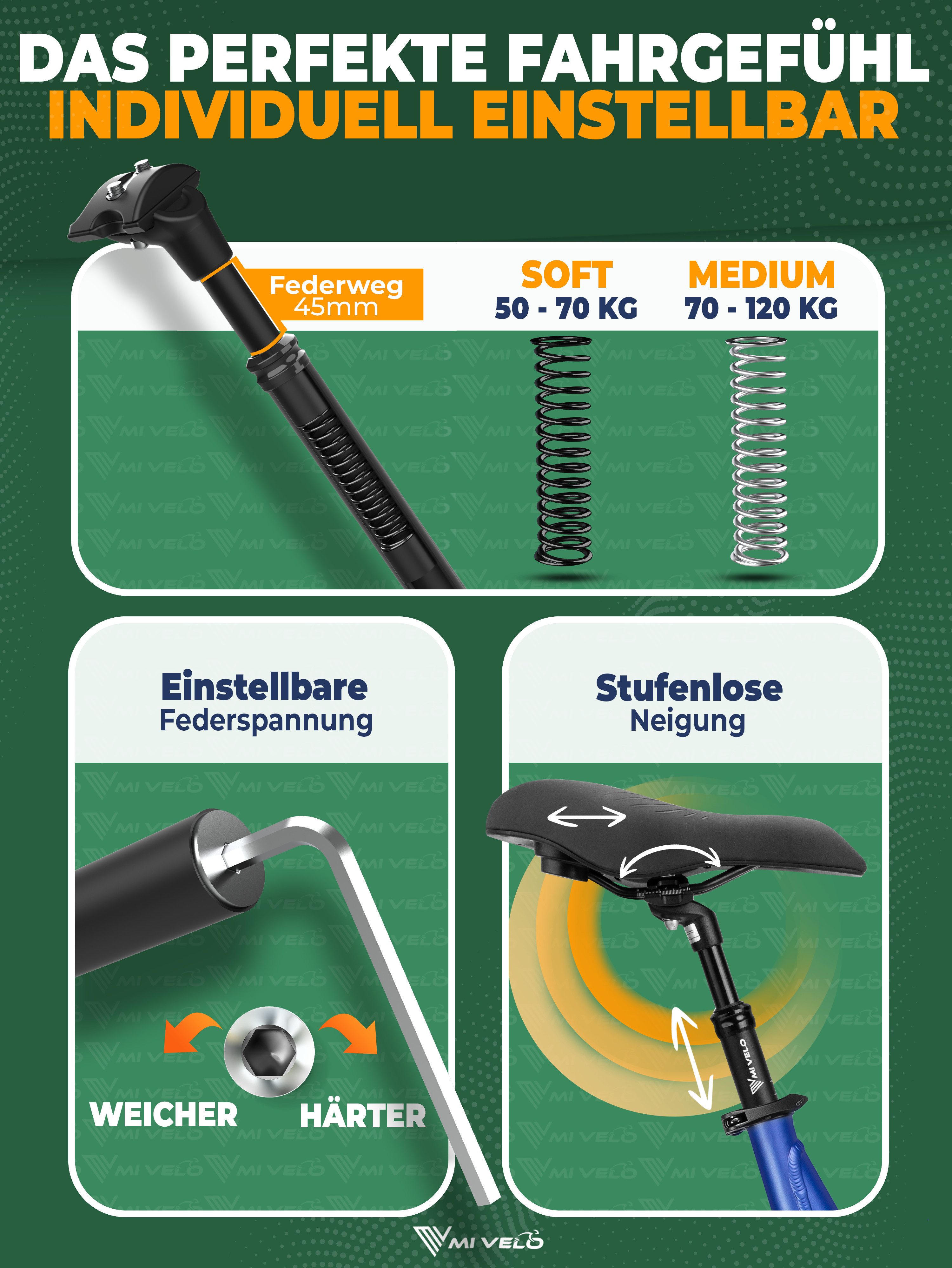 MIVELO Sattelstütze Sattelstütze gefedert mit 27,2 / 30,9 / 31,6 mm Durchmesser, Federsattelstütze