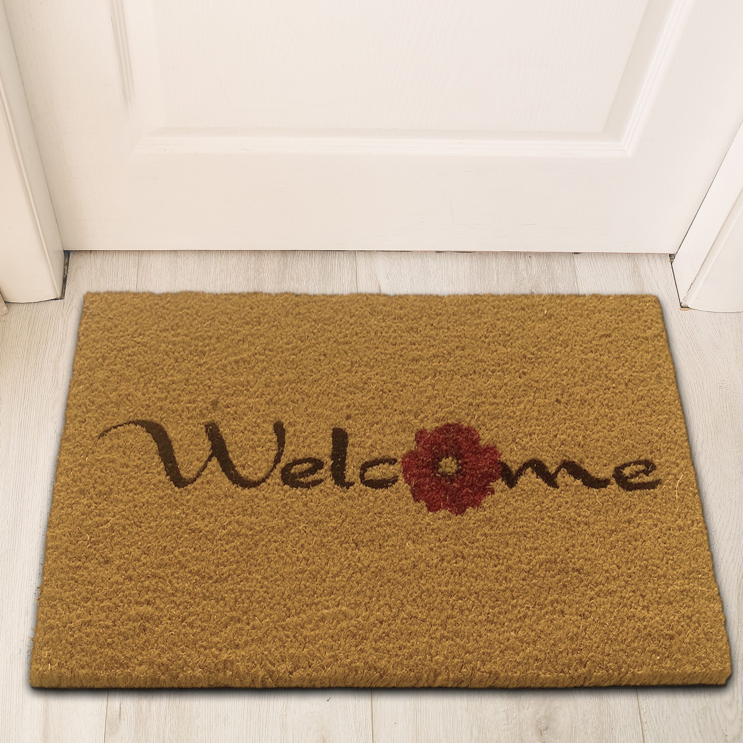 TeppichHome24 Outdoorteppich Robuster Fußabtreter mit Naturfasern dekoriert mit Blume in rot, Rechteckig
