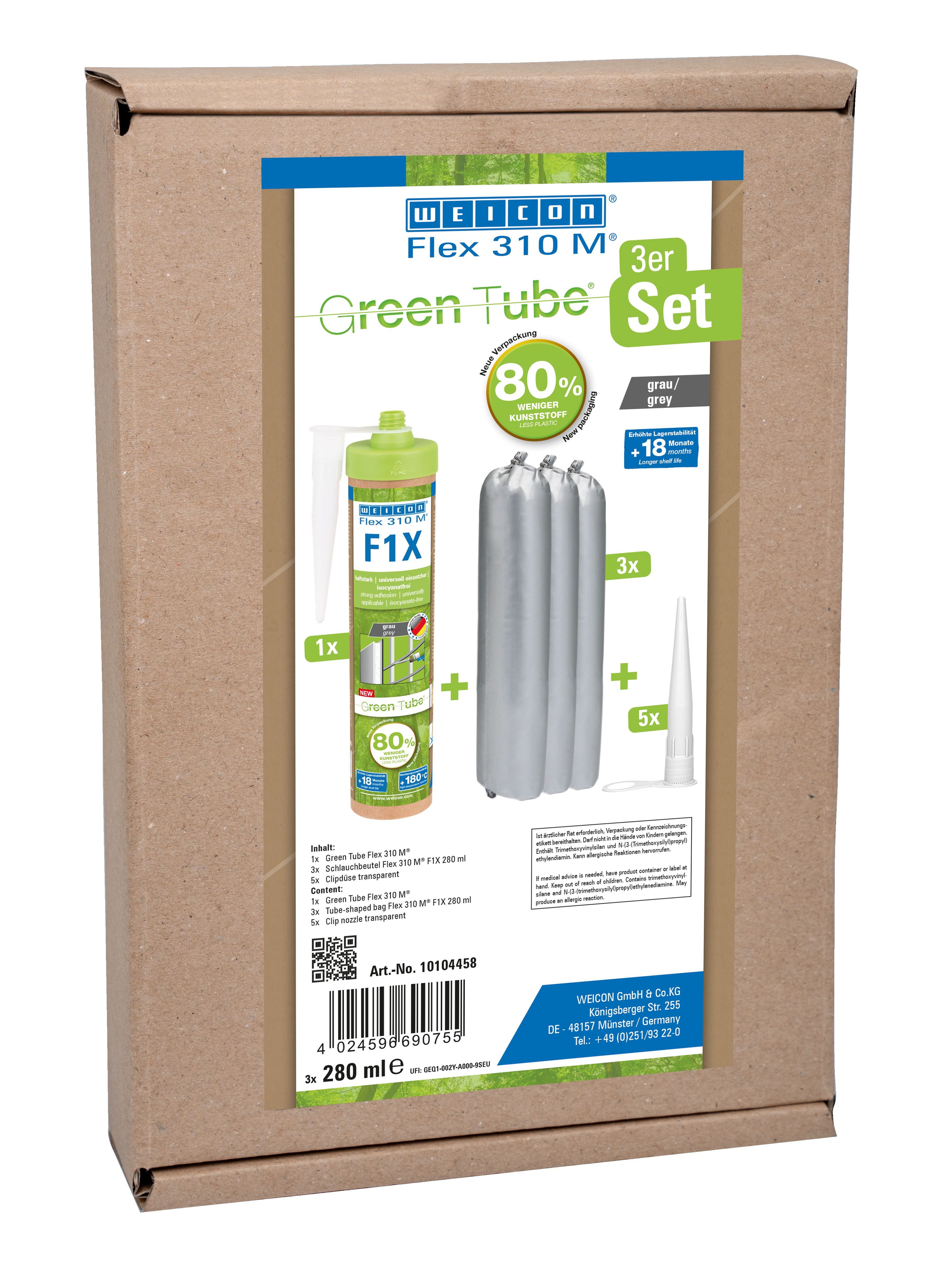 WEICON Dichtstoff Green Tube Flex 310 M F1X, MS-Polymer, gebrauchsfertig, (Kartusche, 3-tlg), Verklebungen an senkrechten Flächen im Innen- & Außenbereich