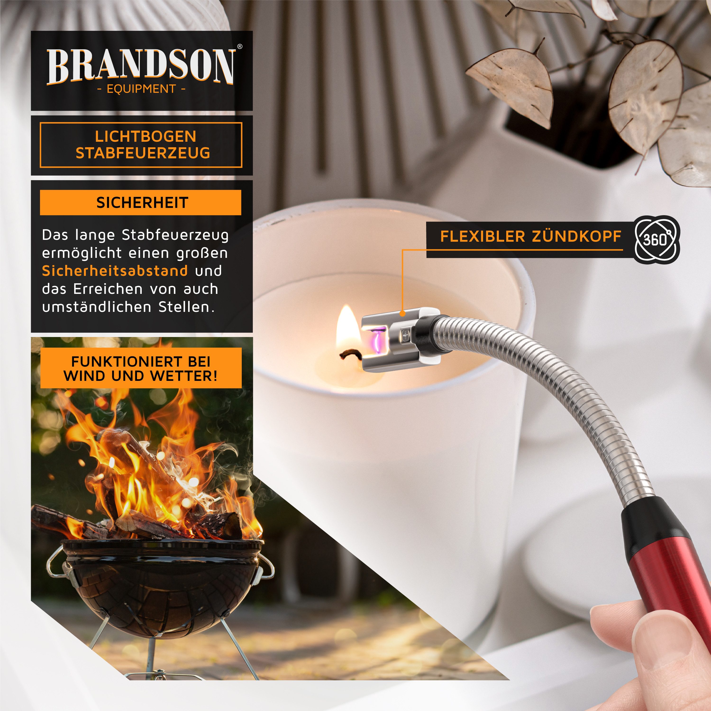 Brandson Feuerzeug elektrisch, Lichtbogen Stabfeuerzeug USB aufladbar, USB-C aufladbar, flexibler Hals für, Kerzen, Gasherde, Grill, Kamin