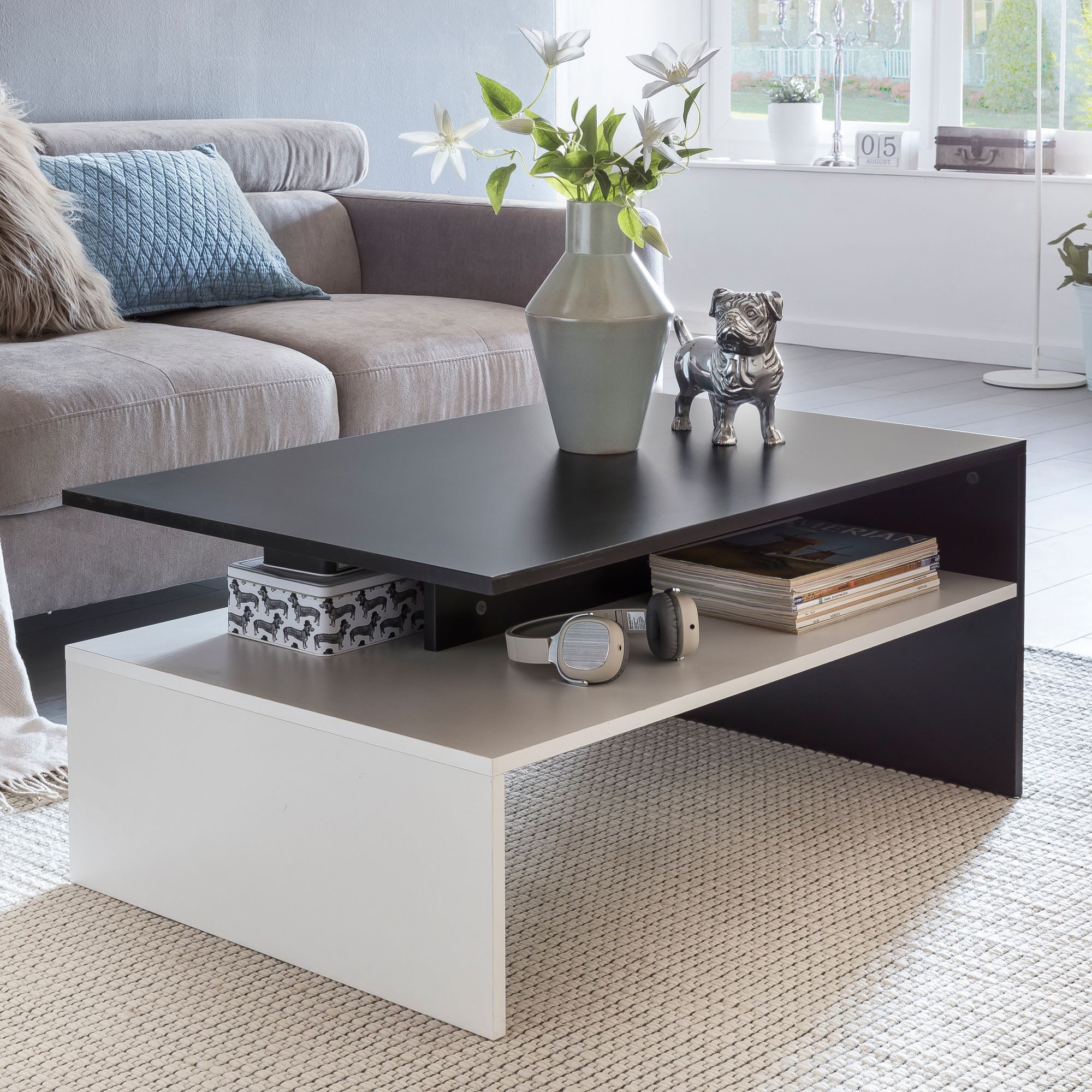 KADIMA DESIGN Couchtisch Wohnzimmertisch 90 x 43 x 60 cm mit Ablage Holz Schwarz / Weiß, (Kaffeetisch modern, Loungetisch groß & hoch), Design Wohnzimmer Couchtisch zweiteilig mit Stauraum, Sofatisch eckig