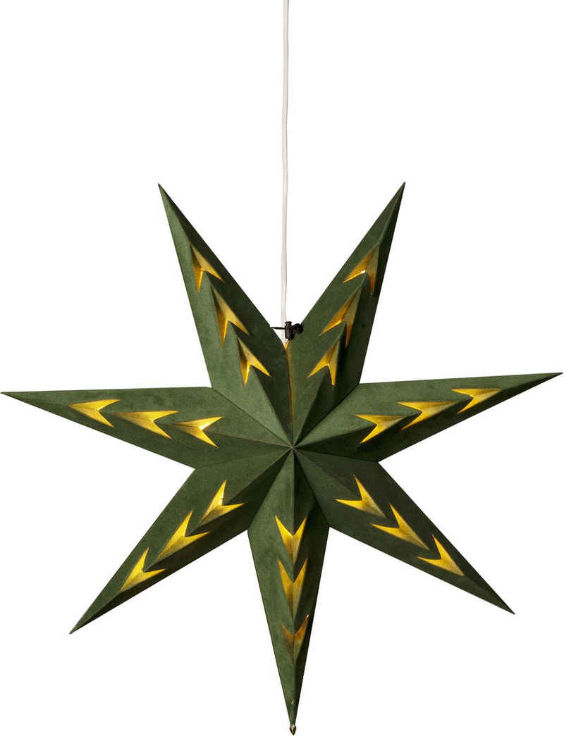 KONSTSMIDE Dekostern Weihnachtsstern, Weihnachtsdeko, 1 St., Papierstern, LED Stern mit grünem Samt, V-förmig perforiert