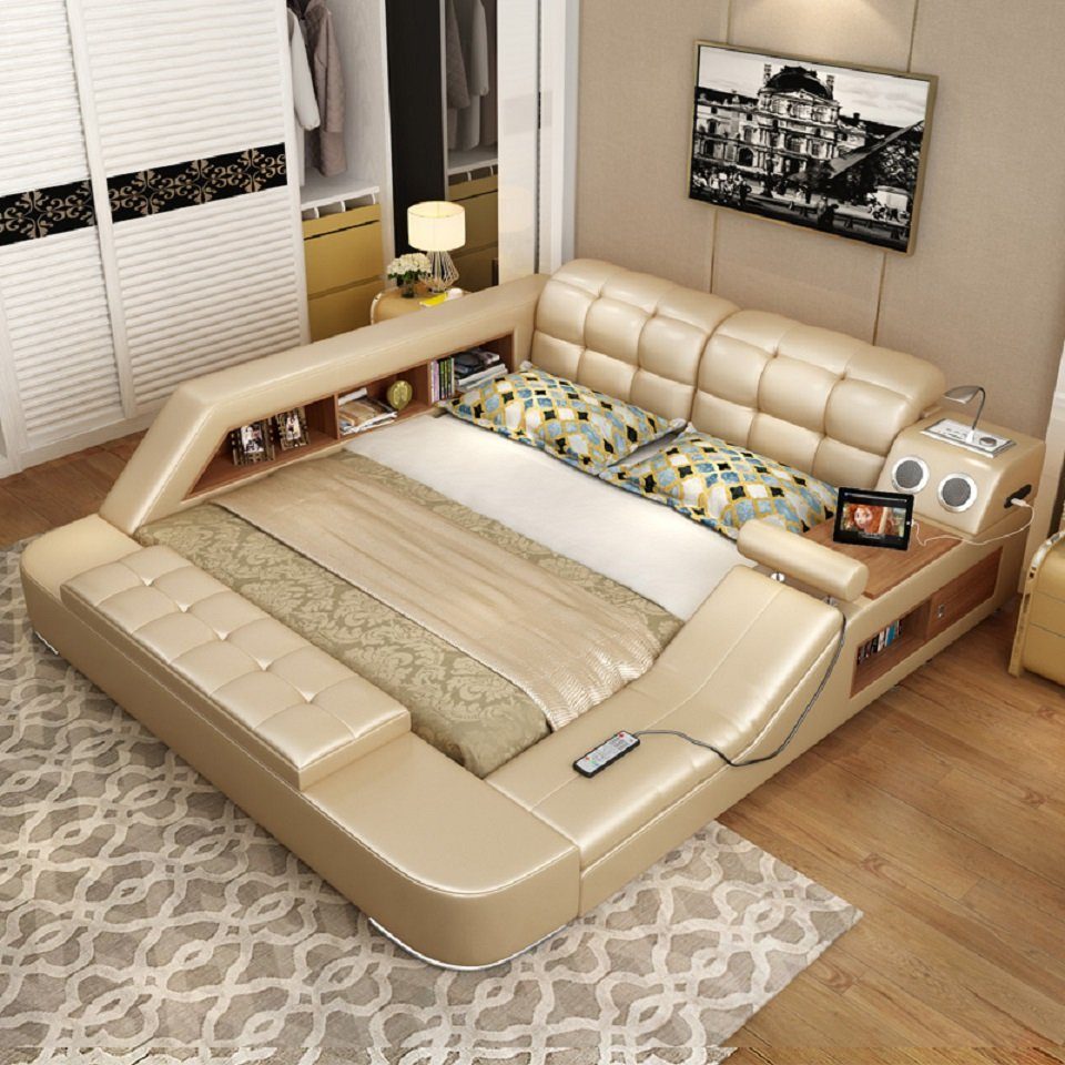 JVmoebel Multimediabett Multifunktionales Bett mit Regal und Ladestation aus Leder, Made in Europa