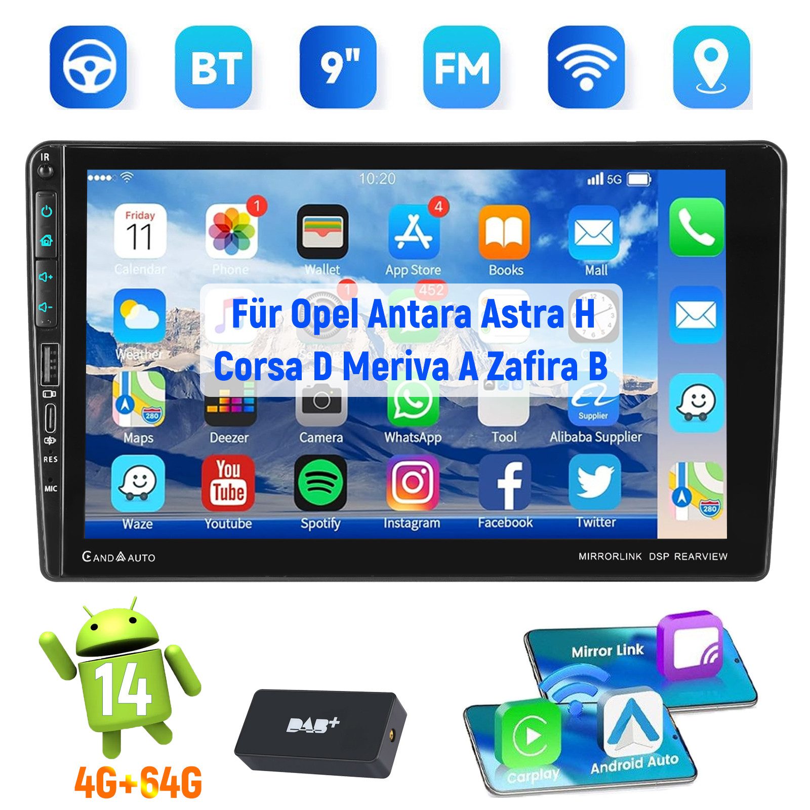 ESSGOO Für Opel Antara Astra H Corsa D Meriva Zafira Kamera Android 15 Type-C Autoradio (RDS, 4+64GB(optional), Type-C, Digitalradio (DAB), FM, AM, Carplay Android Auto Bluetooth EQ USB GPS Navi WIFI Touchscreen)