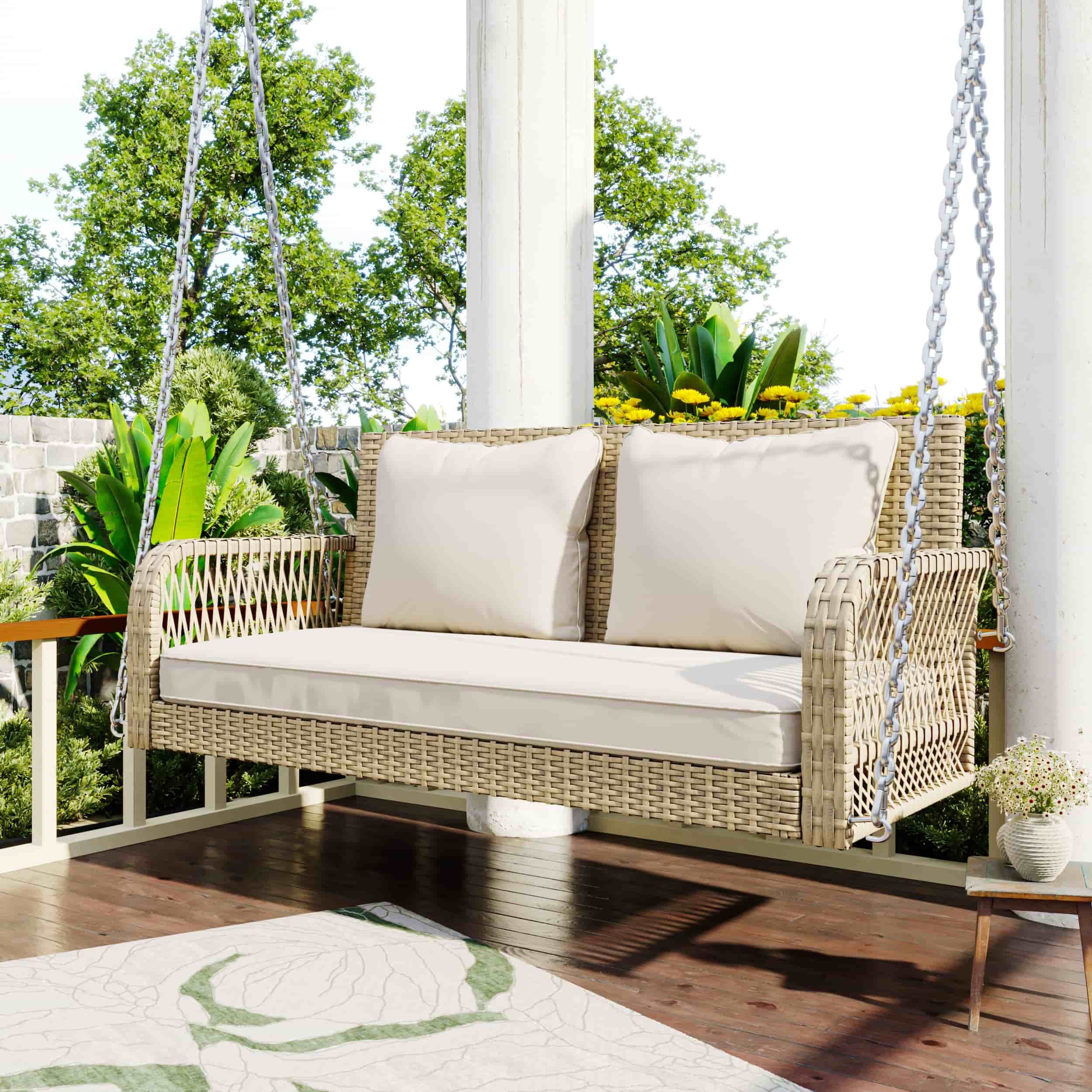 Yemaster Hängesessel Gartenschaukel aus Polyrattan für 2 Personen,113×54×53 cm (mit 11 cm Sitz- und Rückenkissen, abnehmbar & waschbar, inkl. 480 cm Metallkette, wetterfest & UV-beständig), Belastbarkeit 160 kg