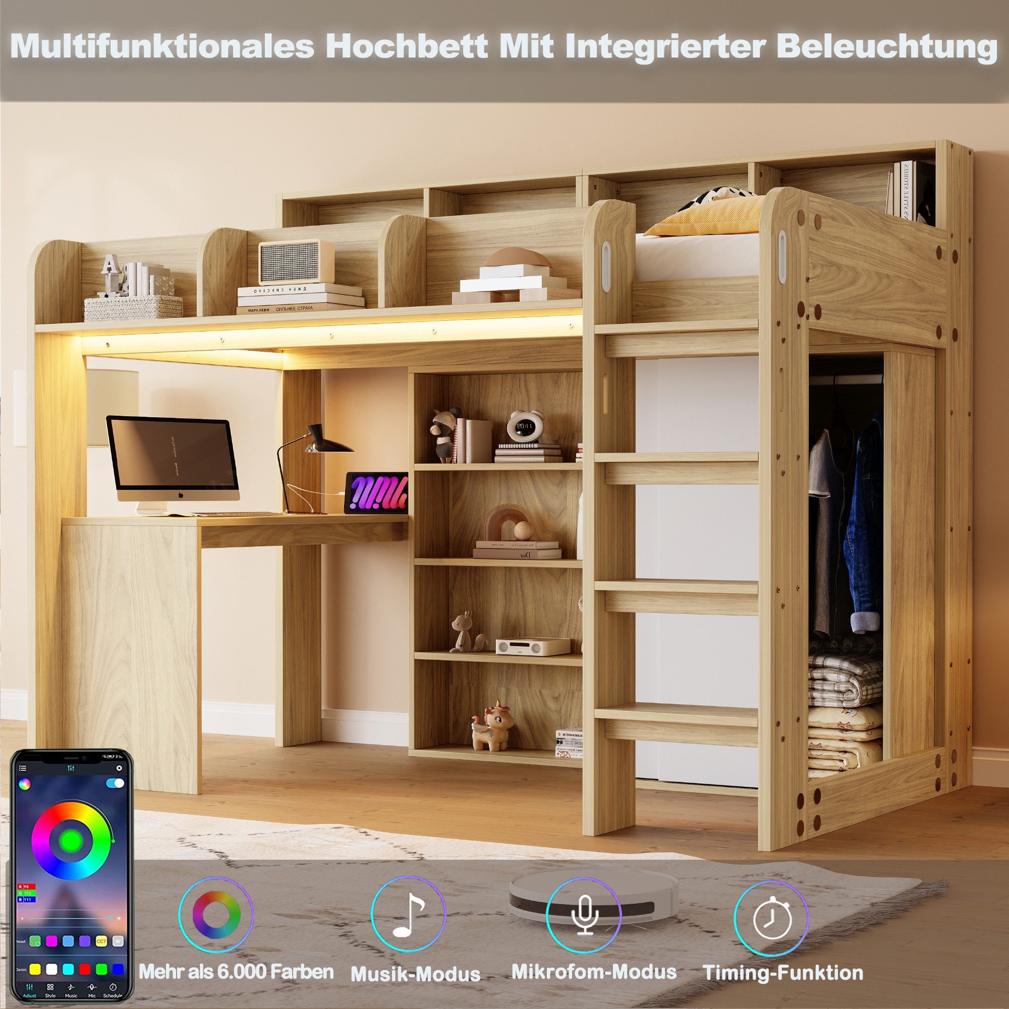 Merax Hochbett mit LED-Licht und Steckdose, in Holzoptik (Etagenbett Jugendbett Einzelbett, 1-St) Kinderbett 90×200cm mit Schreibtisch, Kleiderschrank & Ablagef – Bild 5 von 5