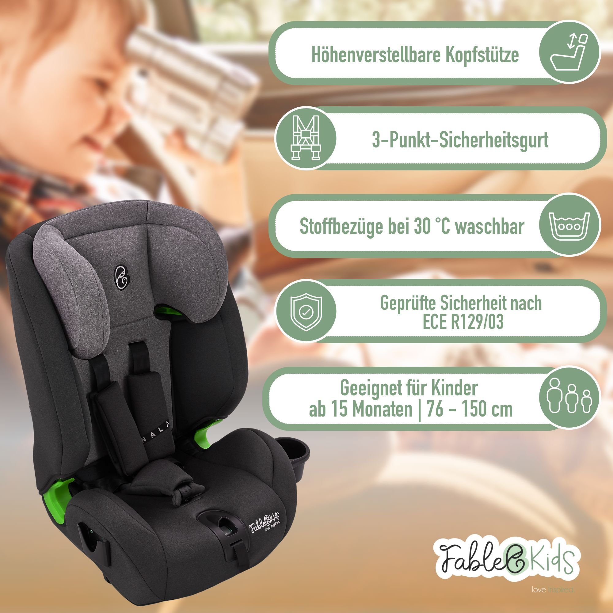 FableKids Autokindersitz NALA Autositz i-Size Kinderautositz mit Isofix 76-150 cm ECE R129/03, ab: 15 Monate, bis: 12 Jahre, ab: 76,00 cm, bis: 150,00 cm, (Grau)