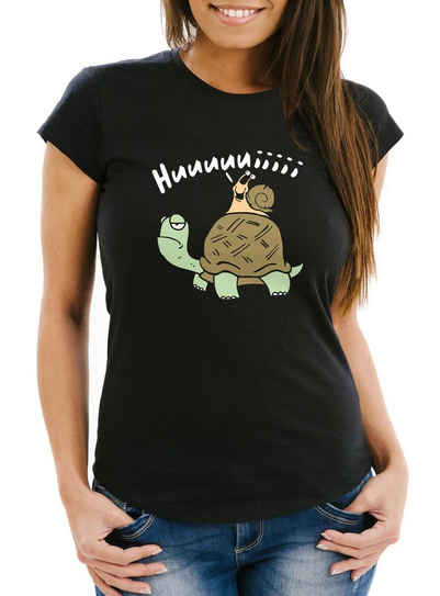 MoonWorks Print-Shirt Damen T-Shirt Schildkröte Schnecke Huuuuiiii Lustig Witzig Scherz Comic Frauen Fun-Shirt lustig Moonworks® mit Print