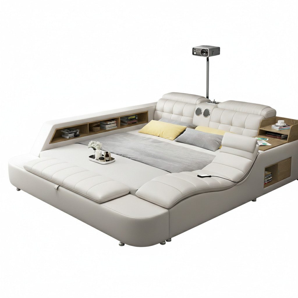 JVmoebel Multimediabett Multifunktionales Bett Moderner Stil Beigefarben Holzrahmen Bequem (2-tlg)