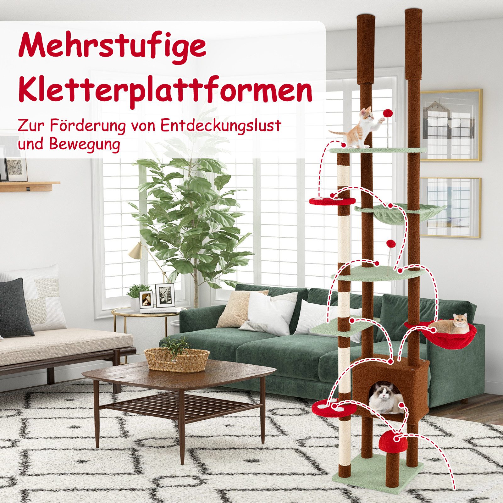 COSTWAY Kratzbaum, Katzenbaum deckenhoch, 207-237/247-277 cm hoch