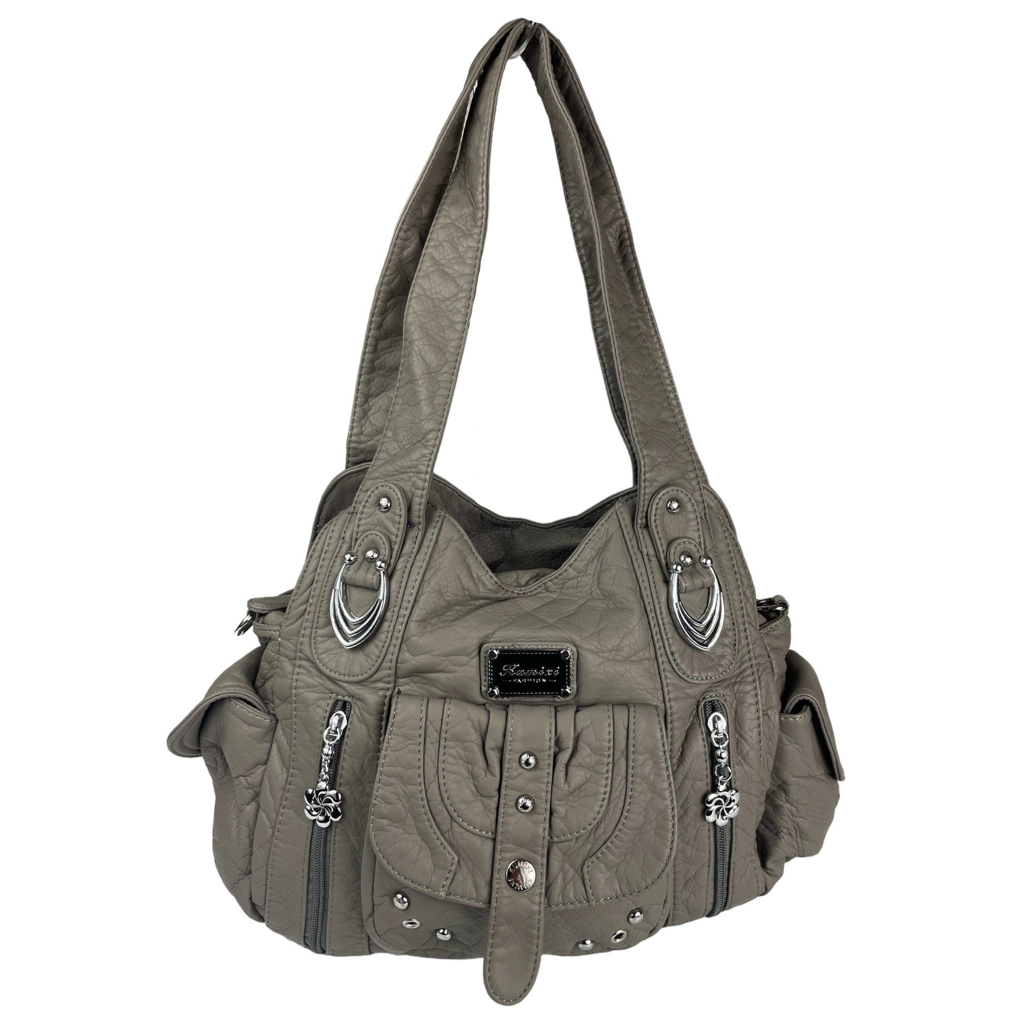 Taschen4life Schultertasche Damen Handtasche AKW22026, lange Tragegriffe & abnehmbarer Schulterriemen, Schultertasche grau | Schultertaschen