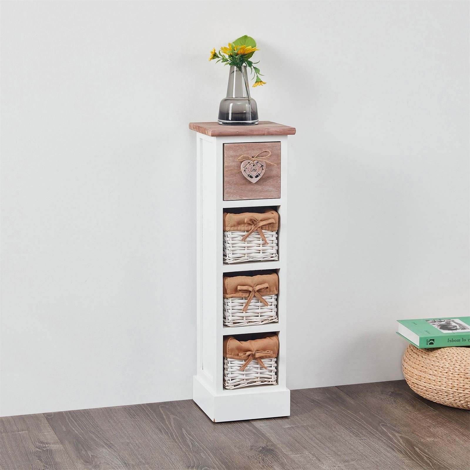 CARO-Möbel Kommode FLOWER, Standregal Blumen Regal Kommode weiß/braun 1 Schublade und 3 Körben La