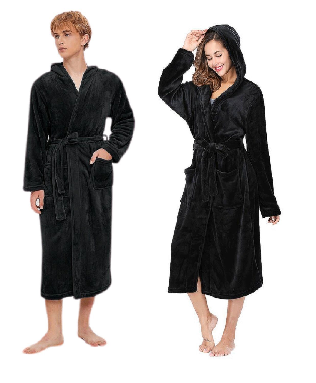 Rungassi Bademantel Damen Kapuze 8209 Gürtel Schwarz Kapuze, Fleece Unisex-Bademantel mit Morgenmantel Größe:,