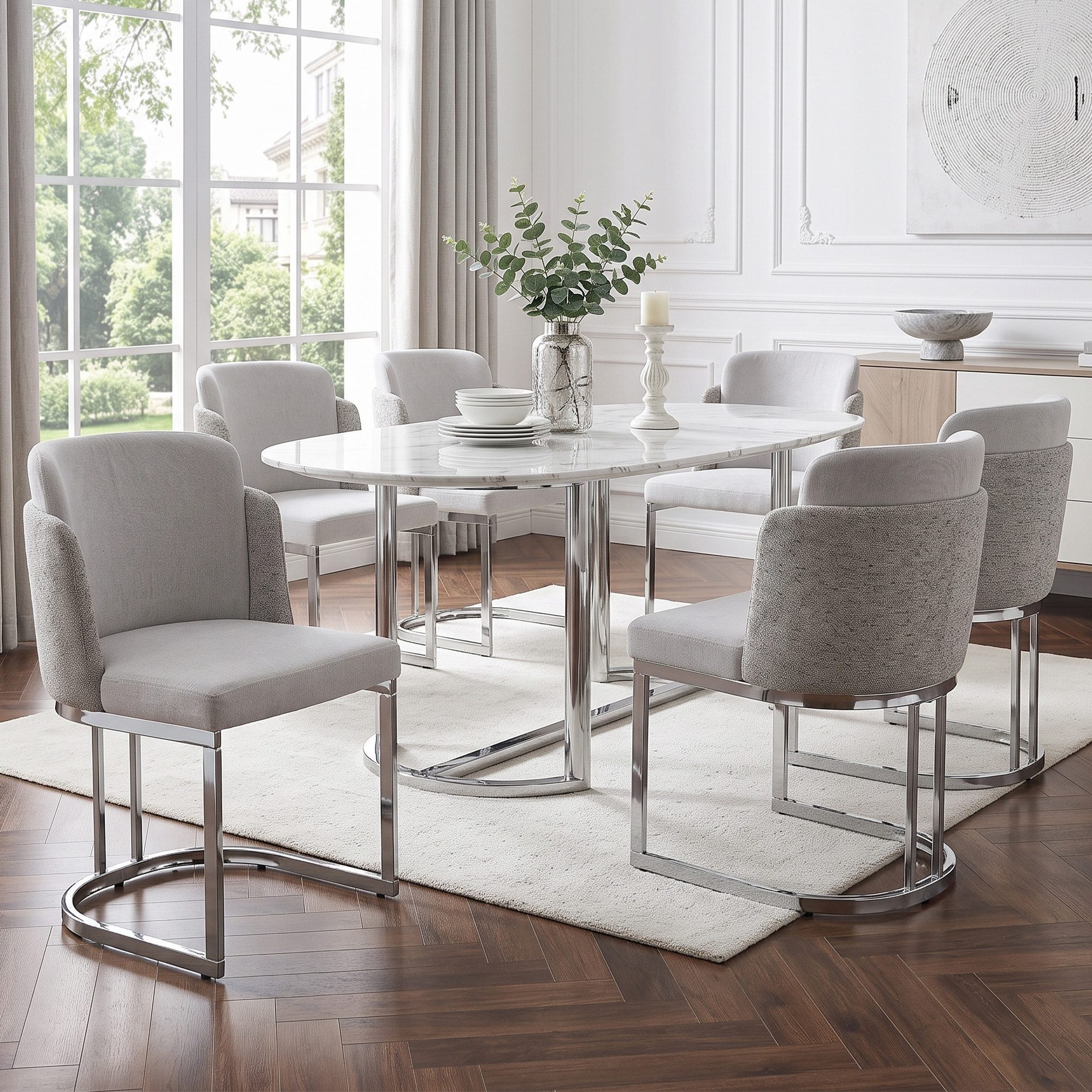 Flieks Freischwinger Bezug aus Chenille-Stoff, galvanisierte Metallbeine (mit verstellbaren Fußpolstern, Set, 6 St), 6er Set Esszimmerstühle Polsterstühle mit doppelter Rückenlehne Grau