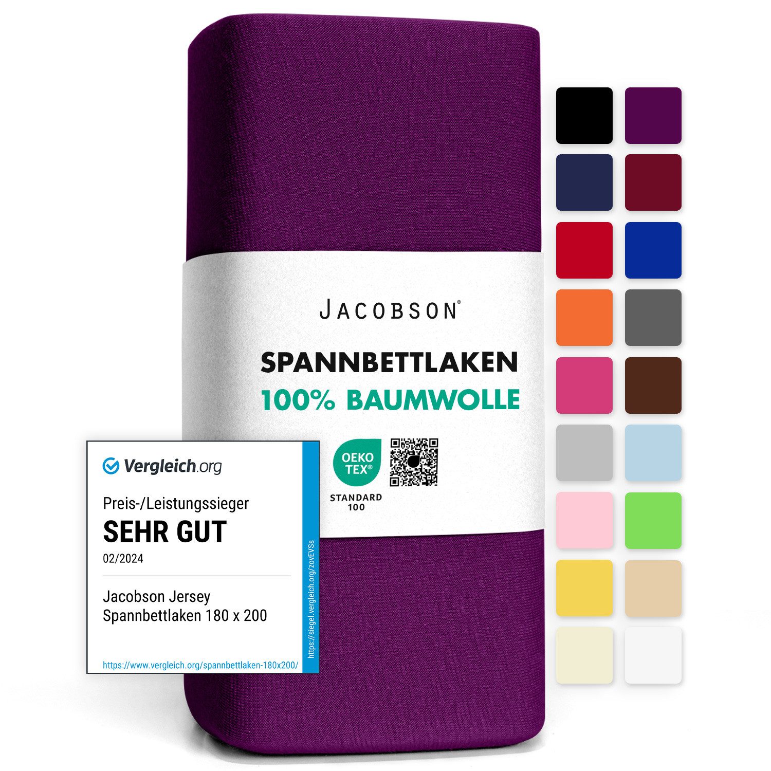 Jacobson Spannbettlaken aus 100% Baumwolle, Jersey Bettlaken 160 g/m², Spannbetttuch mit Gummizug, pflegeleicht & viele Farben