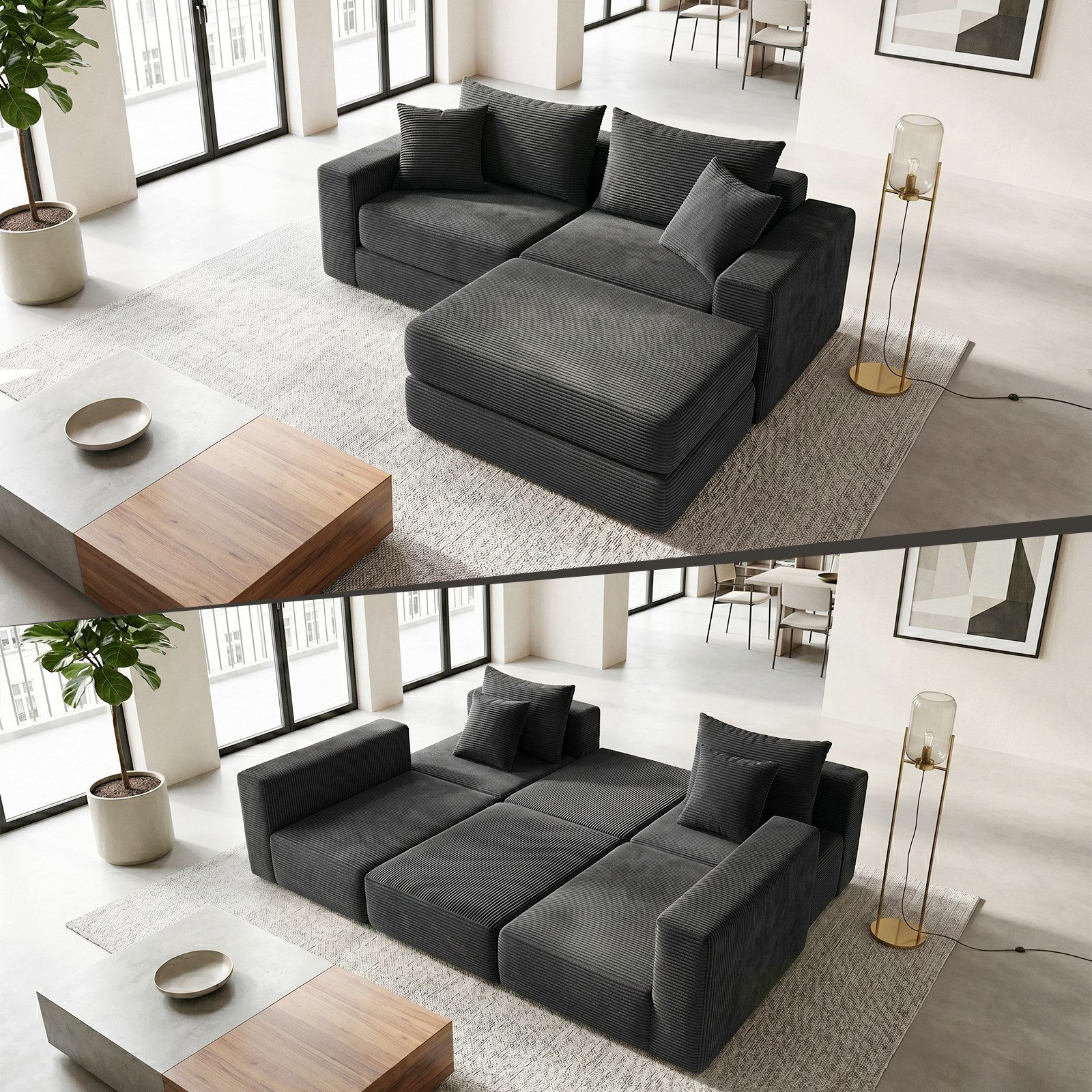 ANYSUN Sofa Sofas Wohnzimmer, Cord-Schlafsofa, Modulares Sitzgruppe Sofa, Knochenloses Sofa mit Anti-Rutsch-Basis,mit Bettfunktion, modulares Schlafsofa für Wohnzimmer, Schlafzimmer, Wohnung und Büro