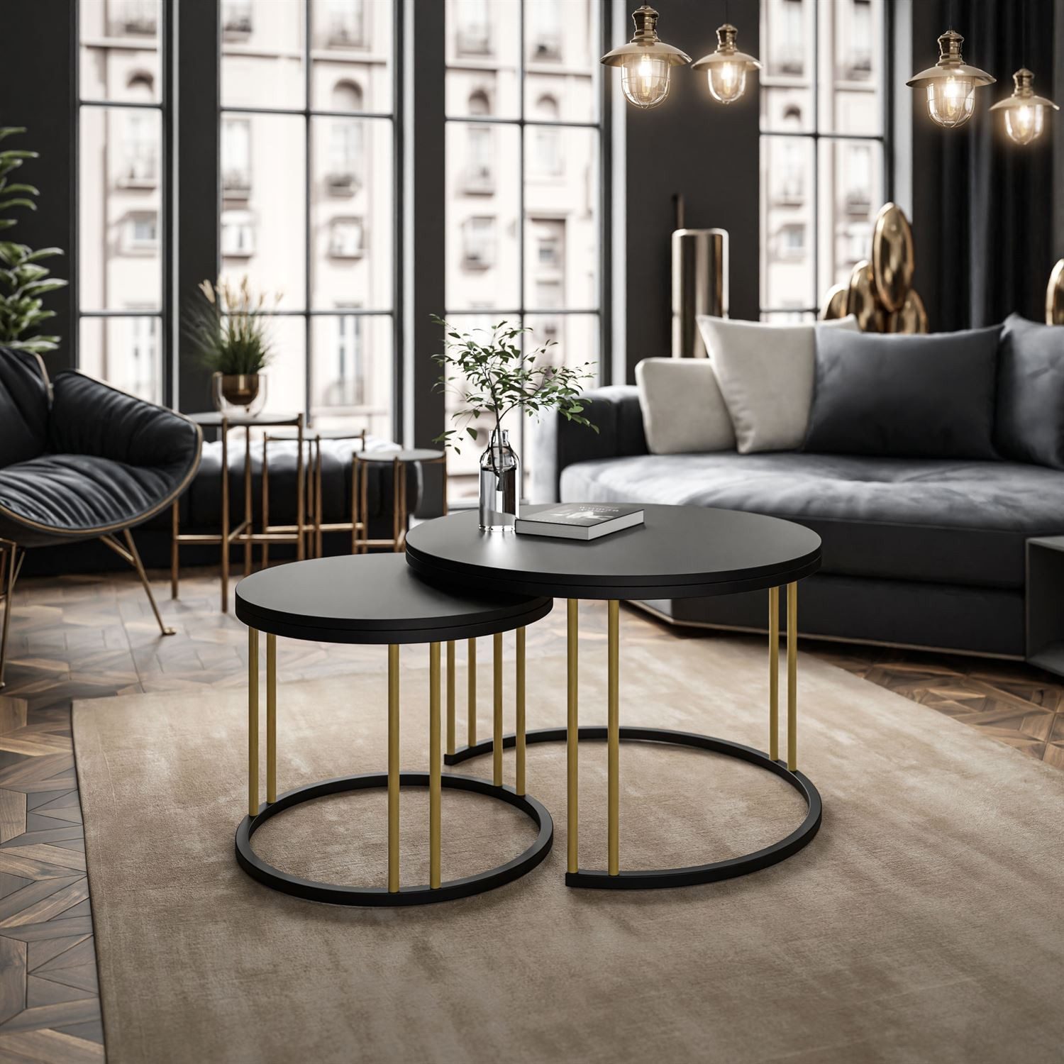 Lookway Couchtisch LORI 2in1 MIX II mit schwarzer matt Platte (2er Set), Durchmesser: ⌀70 cm und ⌀50 cm