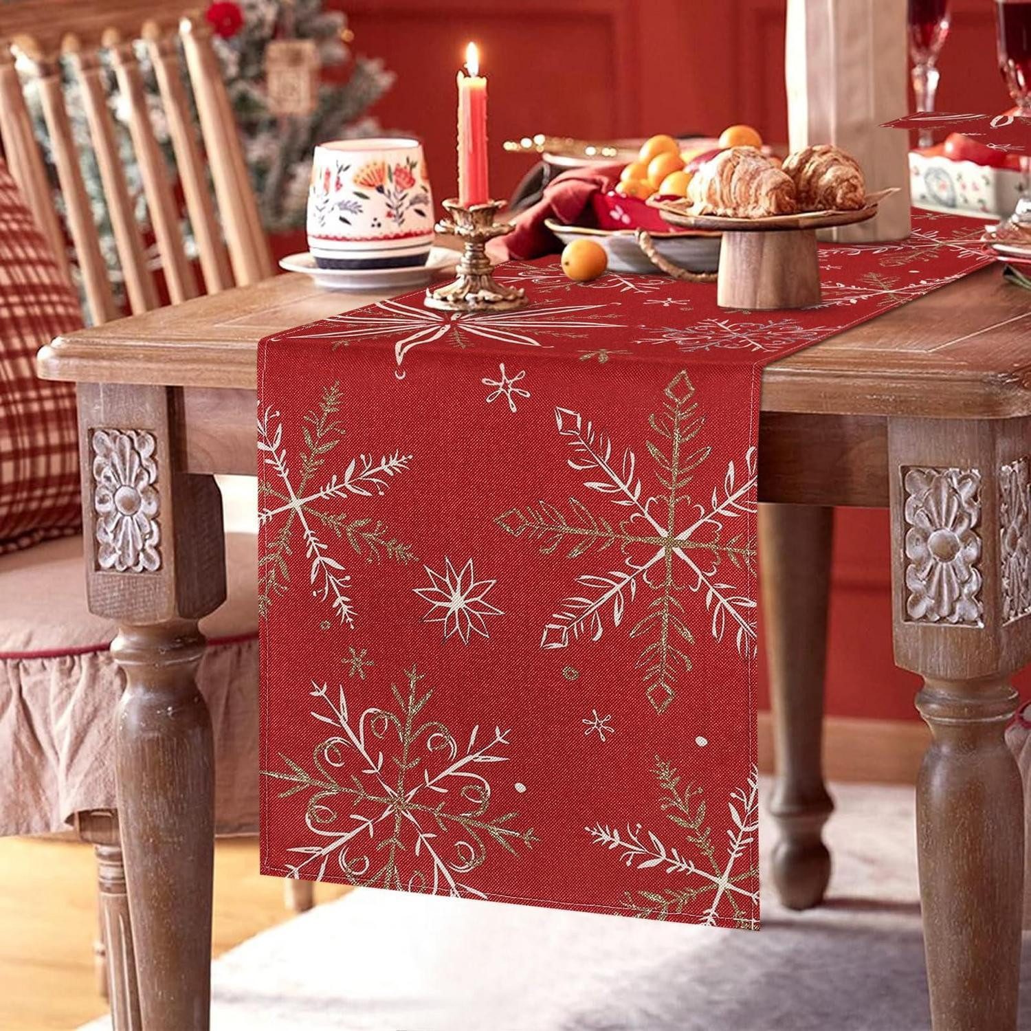 LuxusKollektion Tischläufer Tischläufer Weihnachten Rot Schneeflocken Gold 40x140cm (1-tlg)