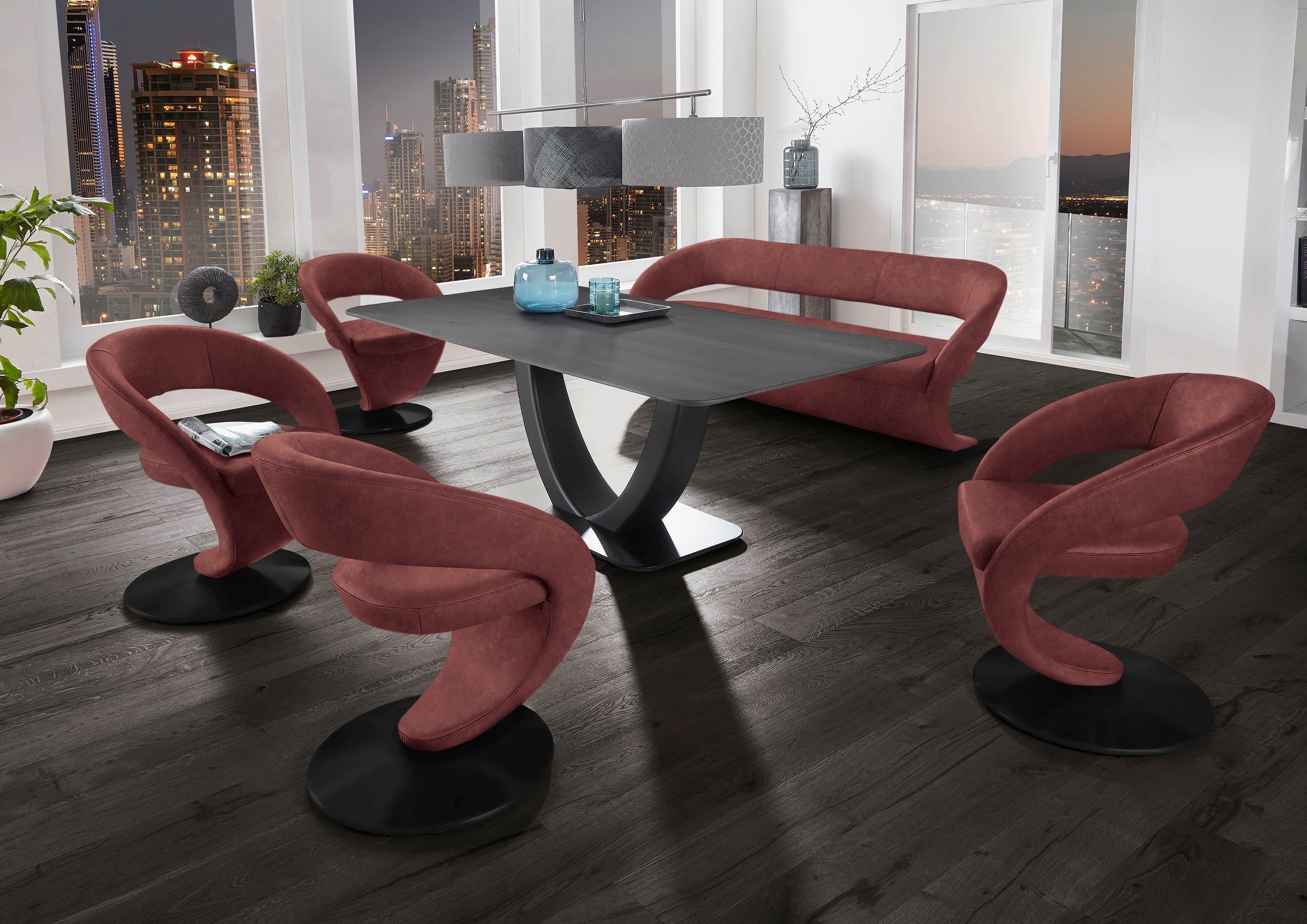 K+W Komfort & Wohnen Essgruppe Tischplatte Design-Drehstühlen Tisch in 180x90cm, und Wildeiche Wave, 4 (Set)
