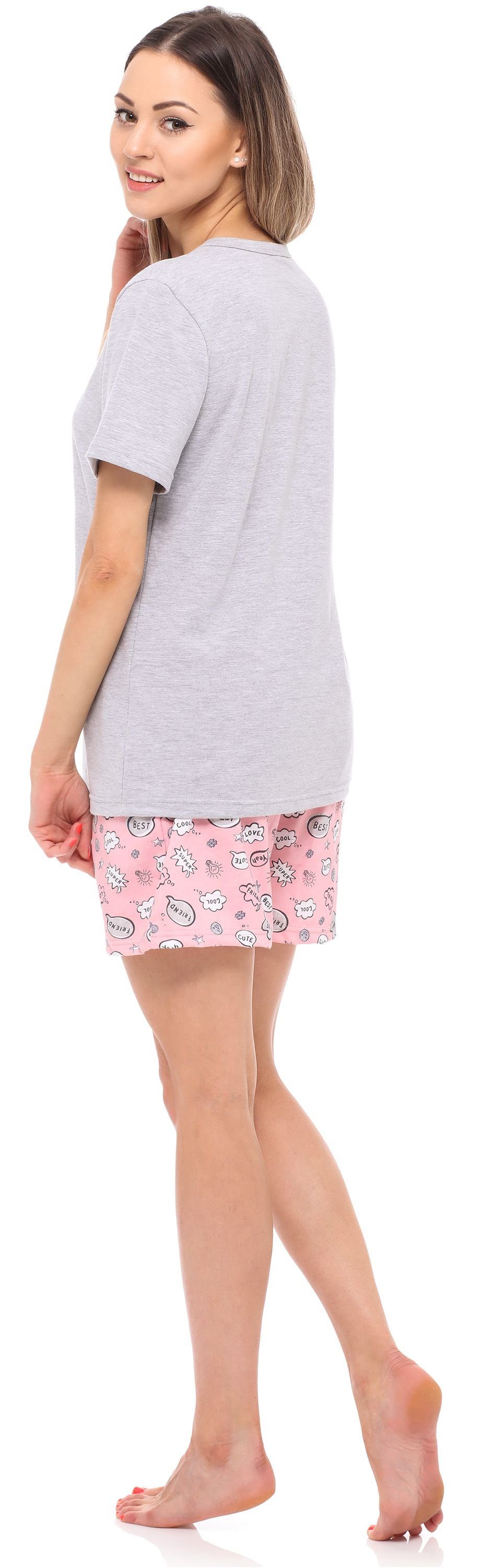 Schlafanzug Melange/Rosa Pyjama Baumwolle Damen Merry Pyjama Zweiteiler Set Kurz Schlafanzug MS10-177 Style