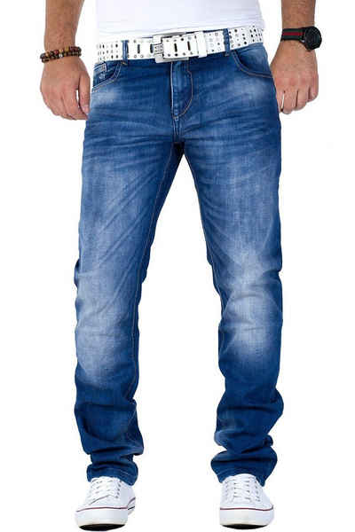 Cipo & Baxx Slim-fit-Jeans »BA-CD319B stonewashed Jeans Hose schlicht« Klassische Jeans mit blau verzierten Nähten an den Gesäßtaschen