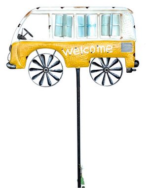 DanDiBo Gartenstecker Gartenstecker Metall Bus Auto XL 160 cm Gelb Weiß 96104 Windspiel Willkommen Windrad Wetterfest Gartendeko Gartenstab Bodenstecker Mini Van