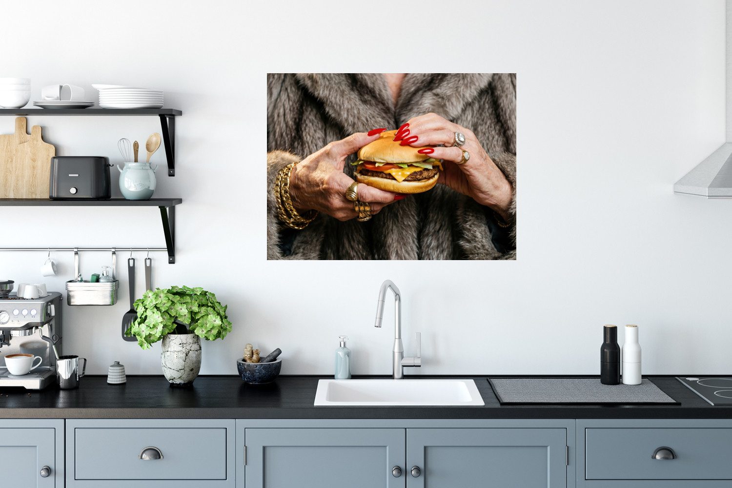 MuchoWow Wandsticker Frau - Hamburger - Pelzmantel (1 St), Wandtattoo, Selbstklebend, Wohnzimmer, 80x60 cm