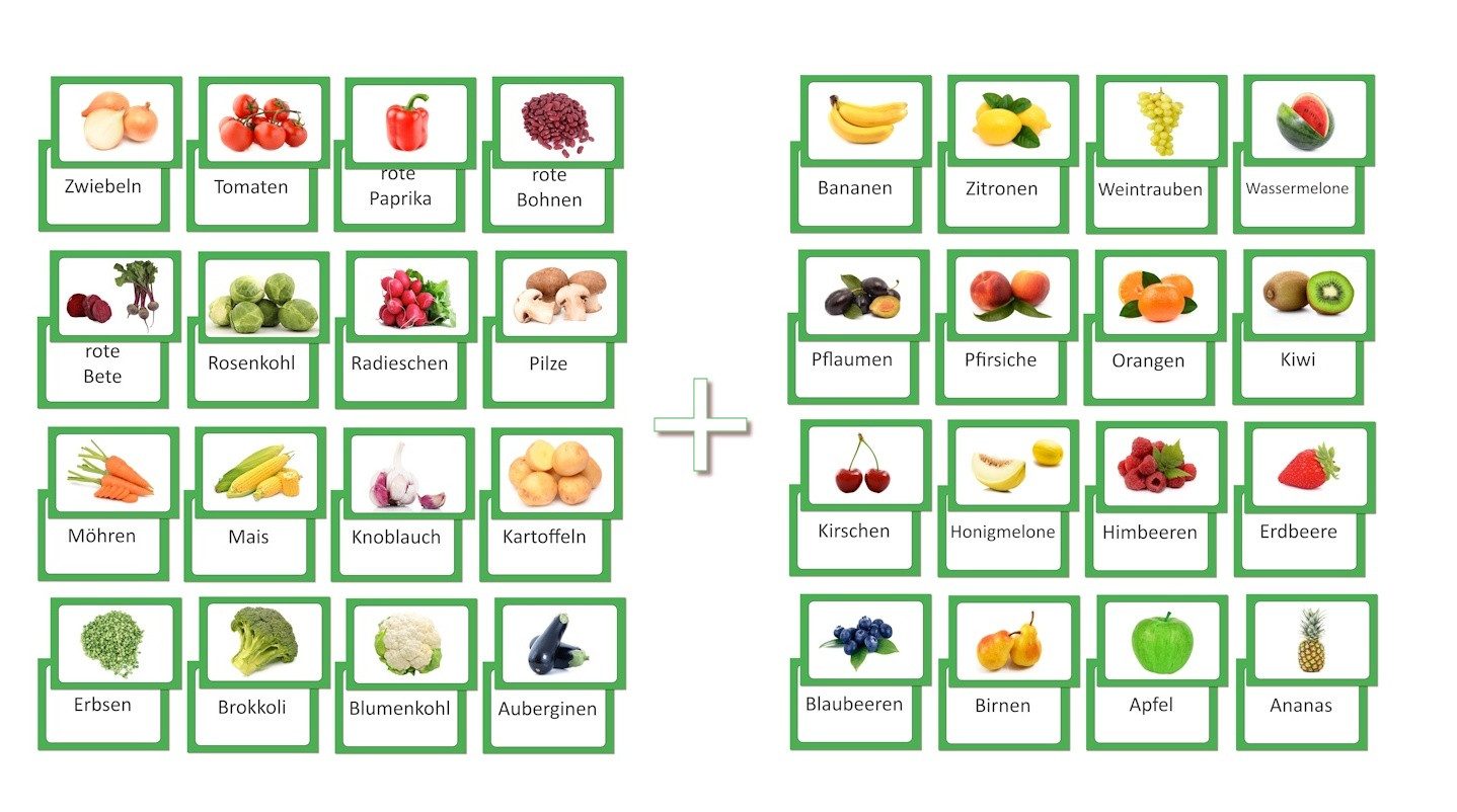 LYSCO Lernspielzeug Bildkarten Gemüse und Obst Vokabelkarten Lernkarten Vokabel (auch als Set erhältlich, Bezeichnung auf der Rückseite), Gemüsekarten Sprachförderung Sprache lernen deutsch Grundwortschatz