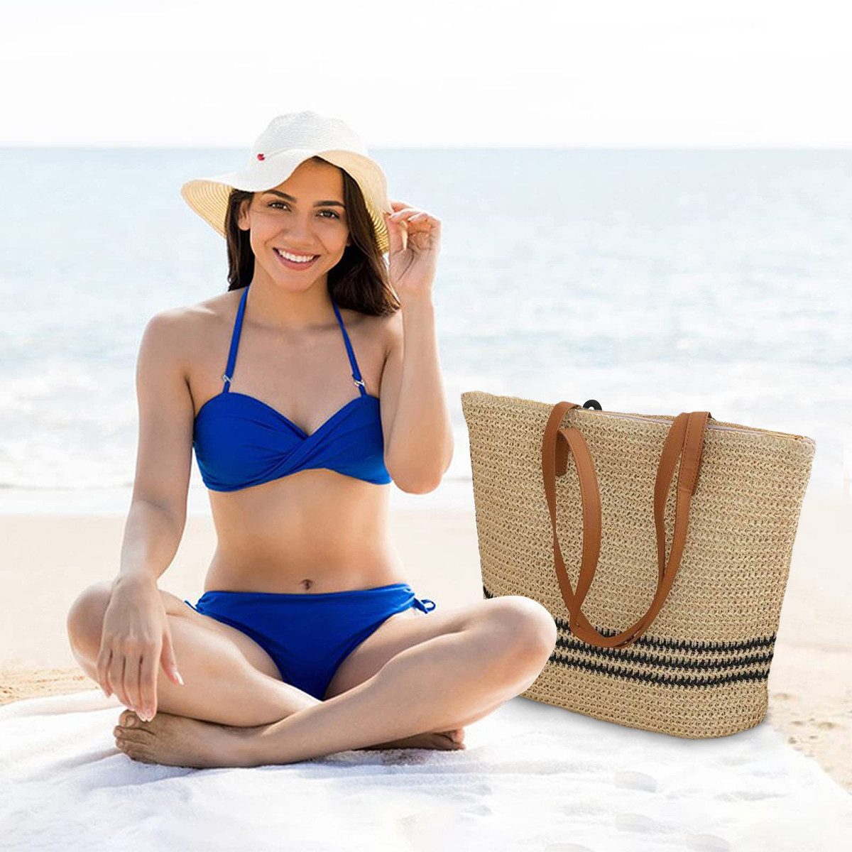 XL-Strandtasche Große Damen-Strohstrandtasche Stroh Strandtasche Damen Meer Tasche