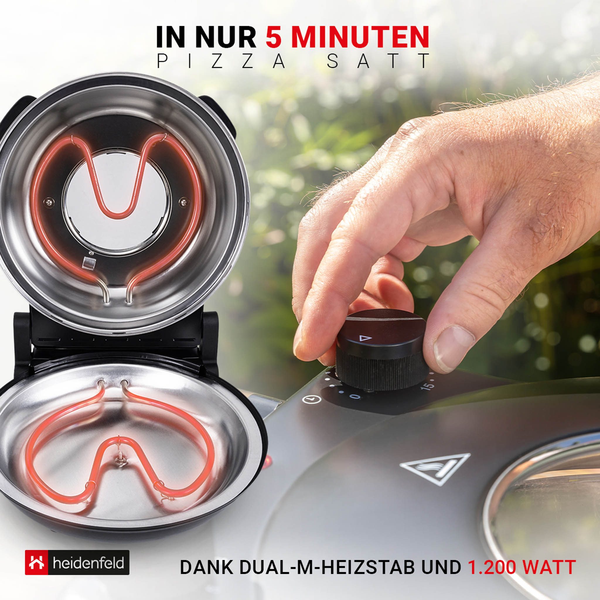 Heidenfeld Pizzaofen mobiler elektrischer Holzofen Napoli 1200 W - bis 400°C, Mini Back Ofen - Pizzamaker - Pizza Ofen - extra großes Sichtfenster