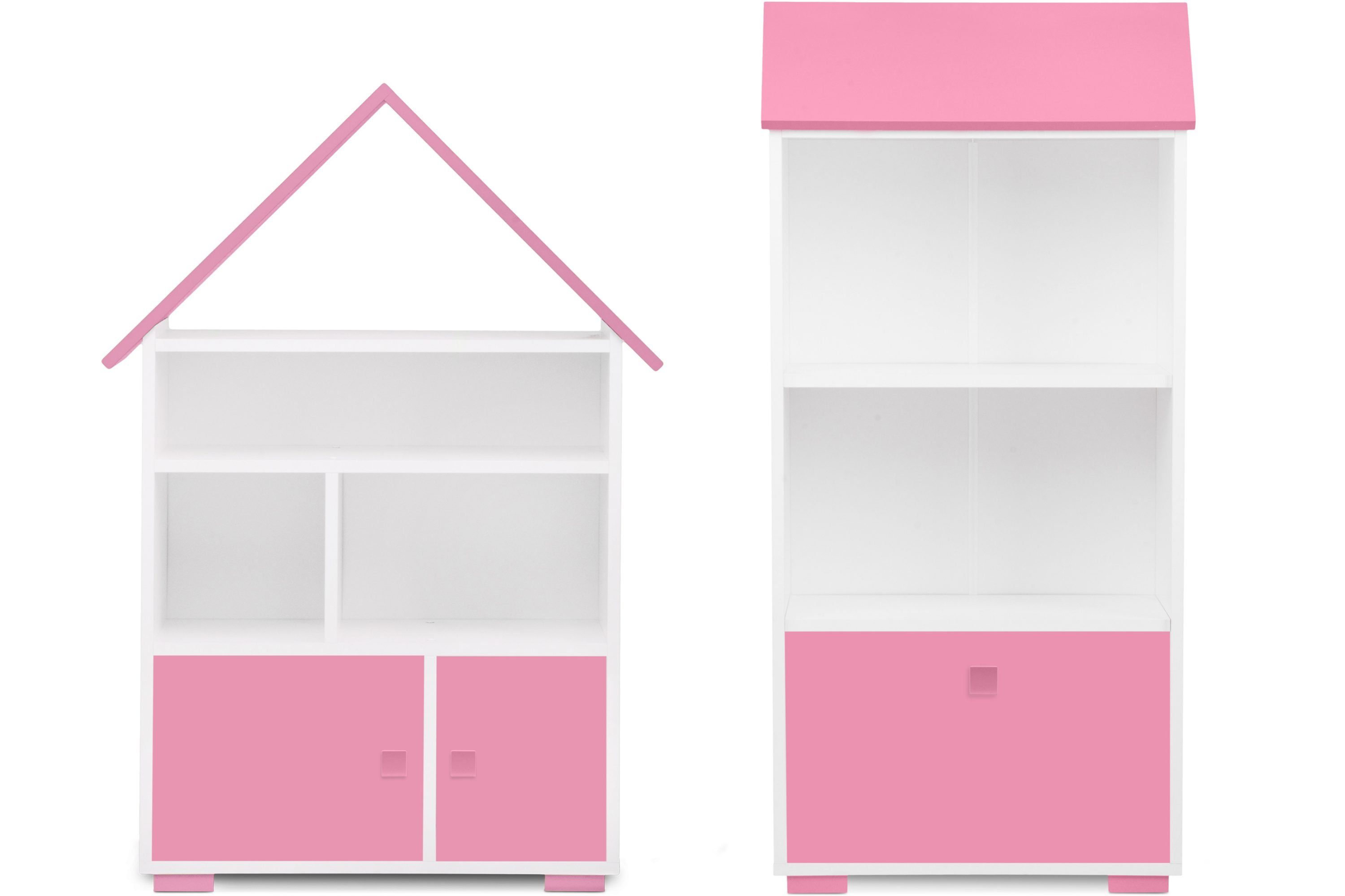 Konsimo Kinderregal Regalset mit Türen (2 St) PABIS, 2-tlg., Möbel für Kinderzimmer, Hausform weiß/rosa