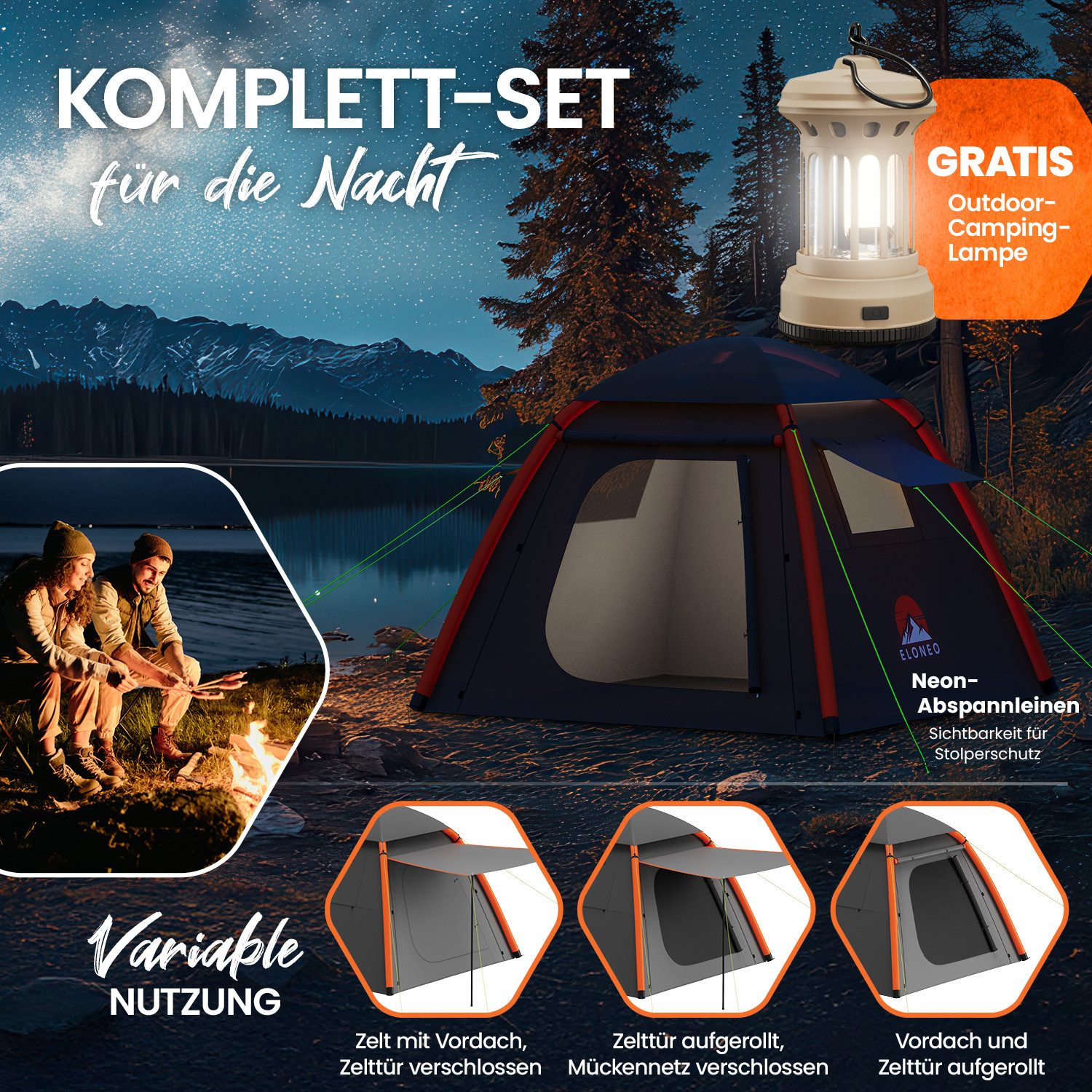 ELONEO aufblasbares Zelt mit Vordach & Luftpumpe, 1-4 Personen, Camping Zelt, Luftzelt, Personen: 4, Familienzelt, wasserdicht, ultraleicht, mit Outdoor Licht/LED Lampe