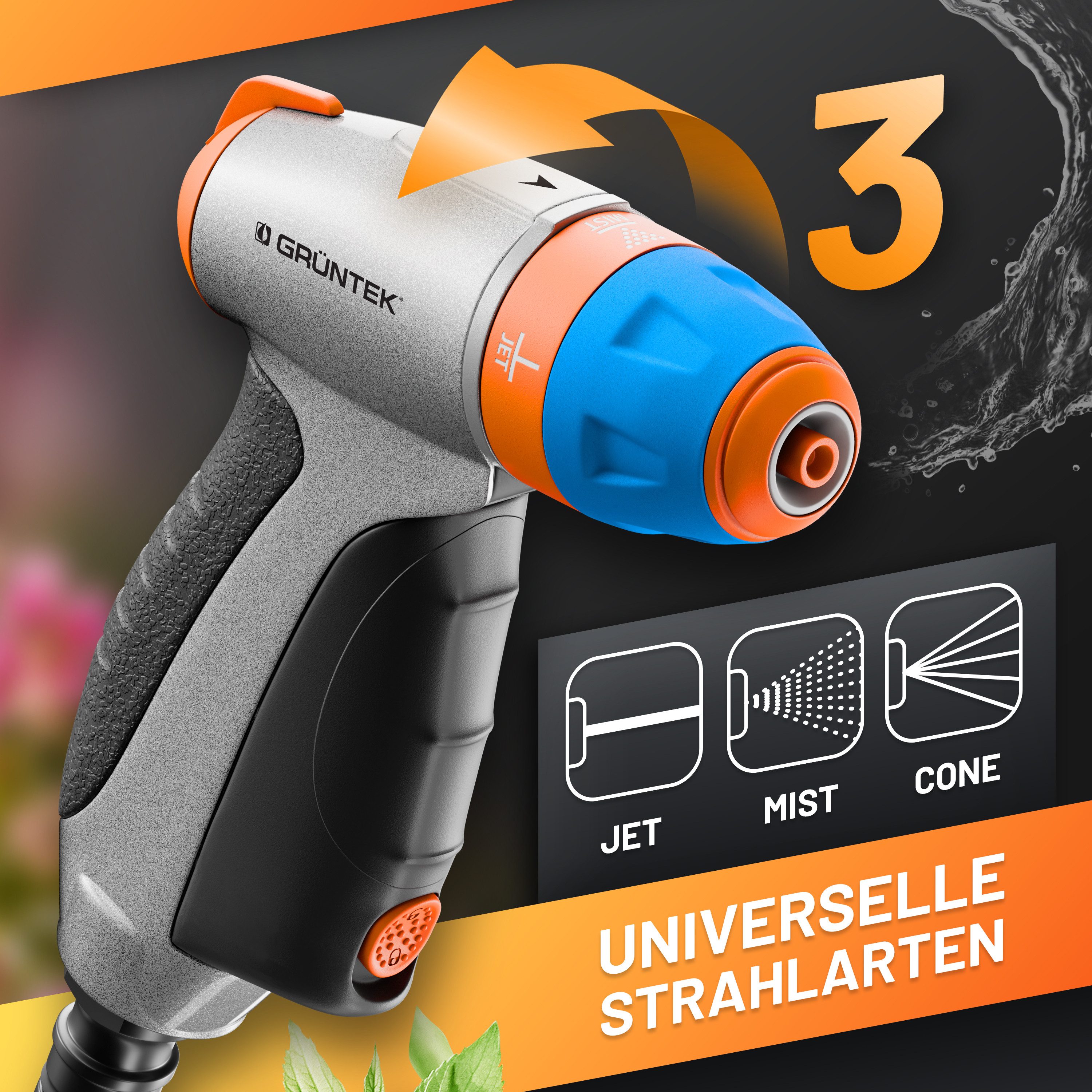 GRÜNTEK Multifunktionsbrause Metall Gartenbrause verstellbar von Stechstrahl bis fein, mit 3 Düsen, (Sprühkopf), für Garten, Autowaschen und Zuhause, stoßfest und leichtgewichtig