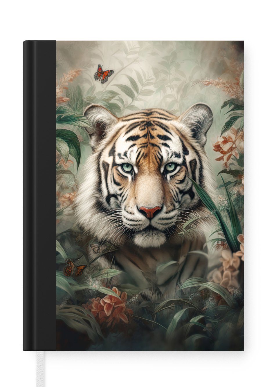 MuchoWow Notizbuch Tiger - Schmetterlinge - Tiere - Dschungel - Blumen, Journal, Merkzettel, Tagebuch, Notizheft, A5, 98 Seiten, Haushaltsbuch