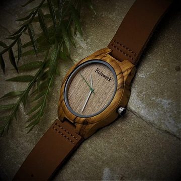 Holzwerk Quarzuhr BURGAU Damen und Herren Leder & Holz Armband Uhr, braun, grün