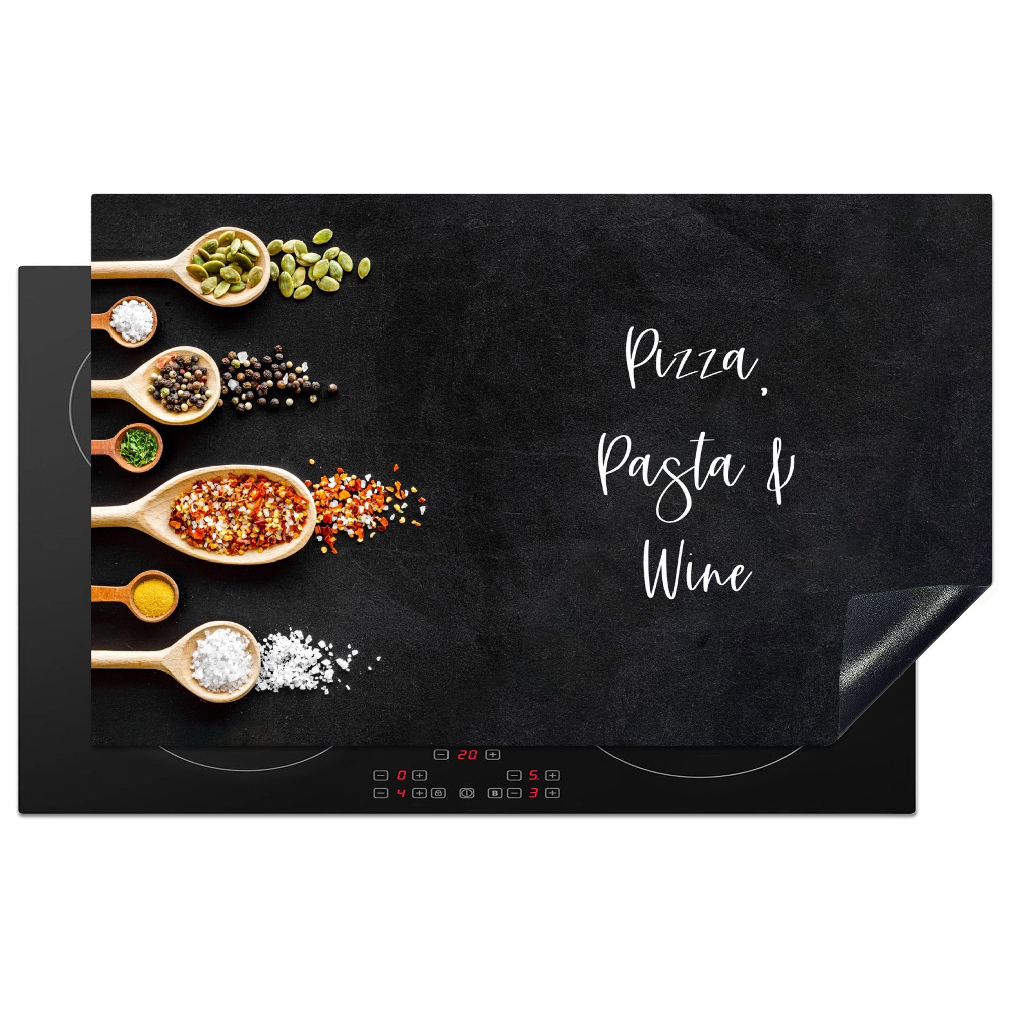 MuchoWow Herdblende-/Abdeckplatte Pizza, Pasta & Wein - Food lover - Abdeckplatte Induktion -, Vinyl, (1 tlg), 83x51 cm, Ceranfeldabdeckung, Arbeitsplatte für küche