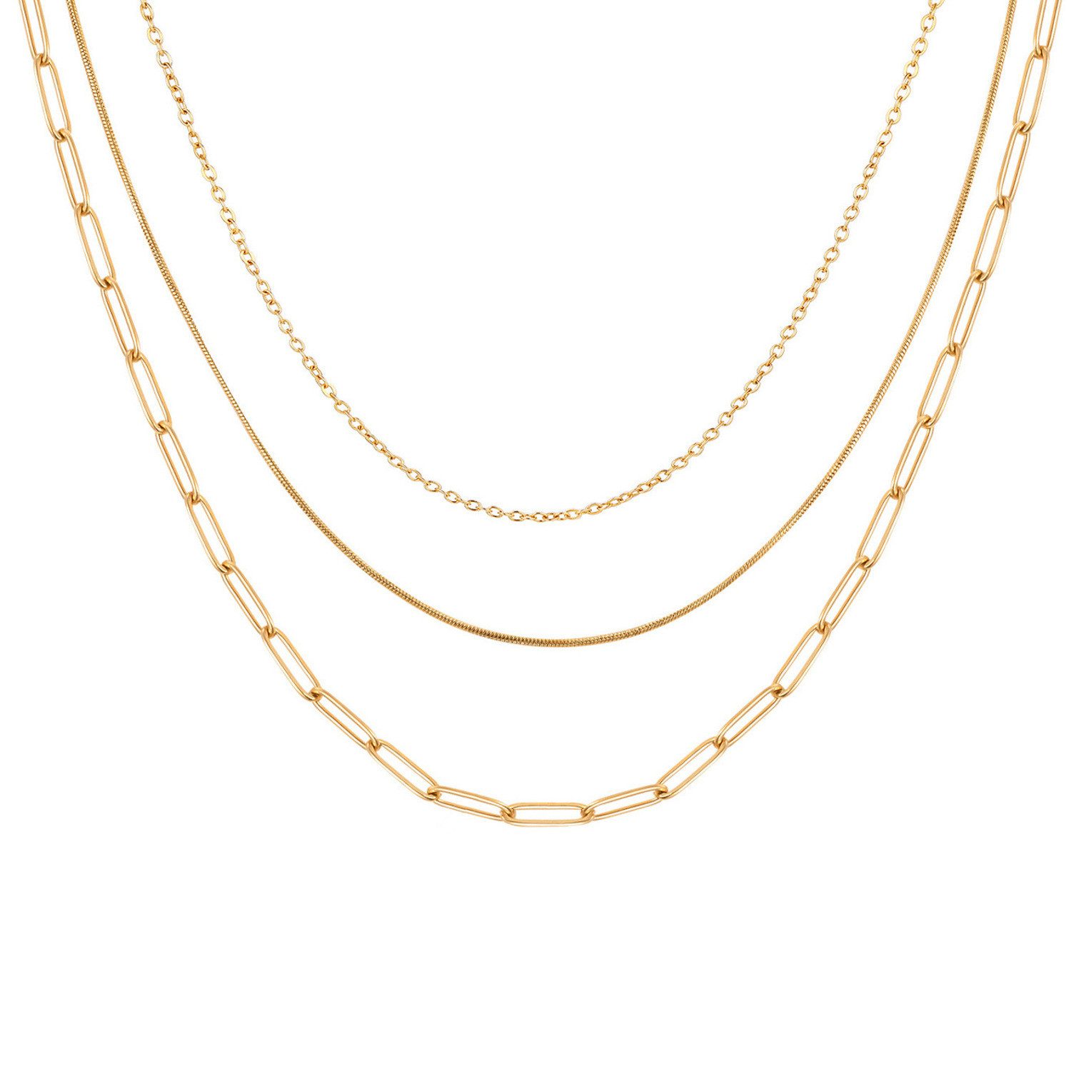 KARMA Gliederkette Damenkette Layering Kette Halskette Damen wasserfest antiallergisch (Schlangenkette und Ankerkette, Lange Kette mit Karabinerverschluss), vergoldet Goldene Gliederkette