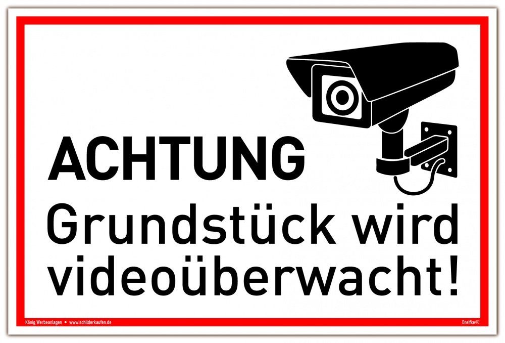 König Werbeanlagen Hinweisschild Schild Achtung Grundstück wird videoüberwacht! weiß, stabiles Alu Schild mit UV-Schutz 30 x 20 cm