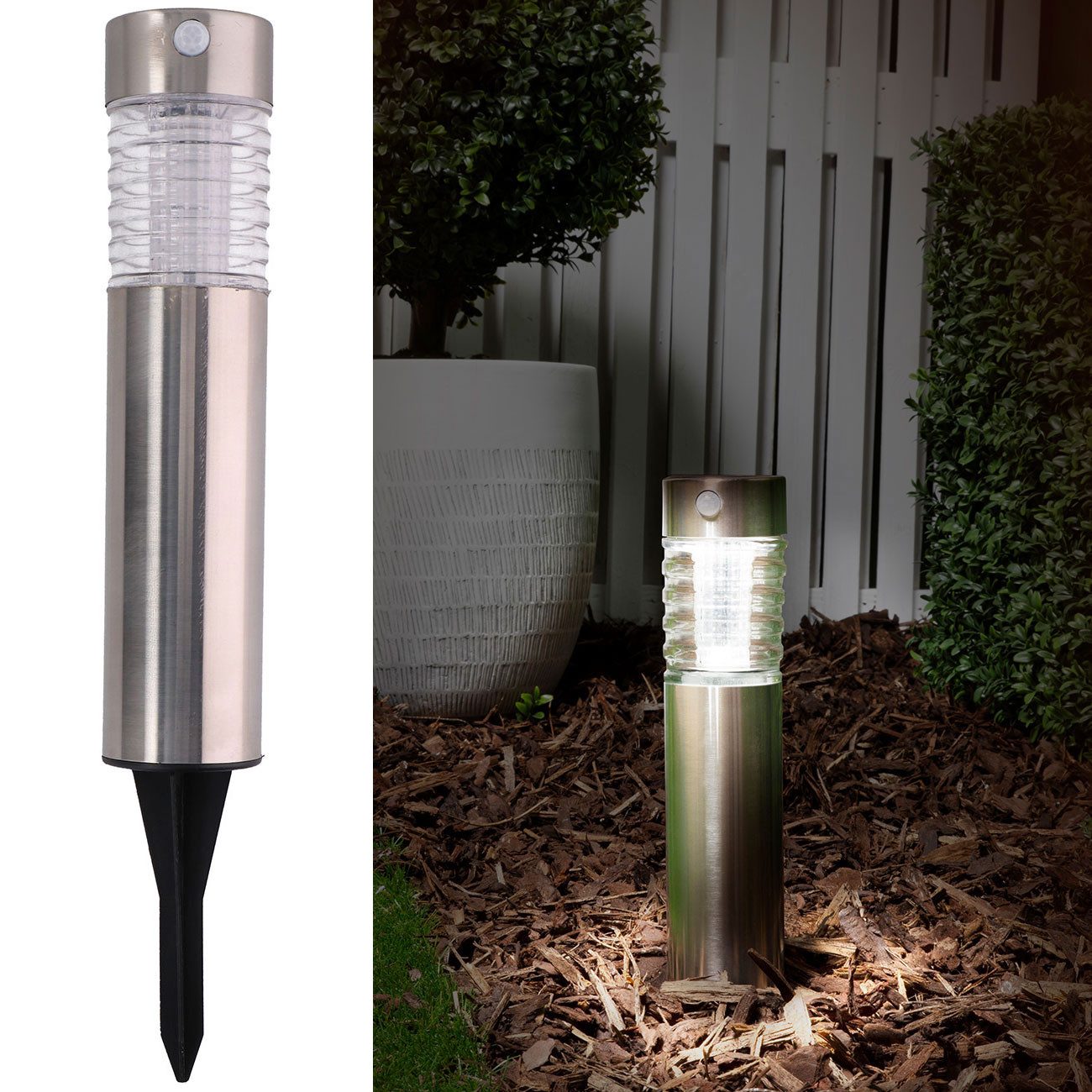 Grundig Gartenstrahler Solar-Wegeleuchte Edelstahl Ø6 x H39 cm mit Bewegungssensor & IP44, Inkl. Erdspieß/Wetterfeste Gartenleuchte mit Glaskorpus
