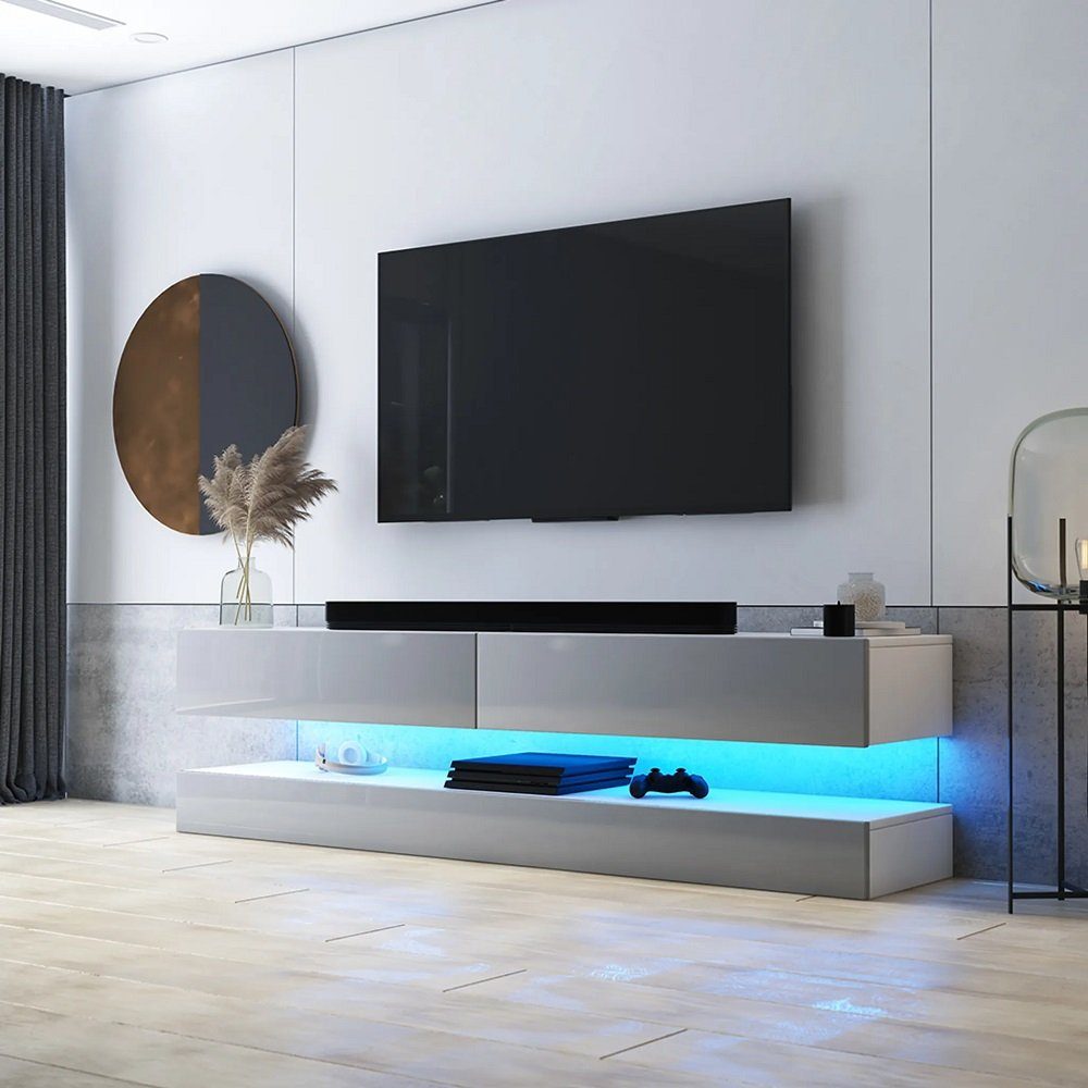 DB-Möbel Lowboard TV-Schrank in Weiß Matt/ Grau Hochglanz mit  LED-Beleuchtung 140cm